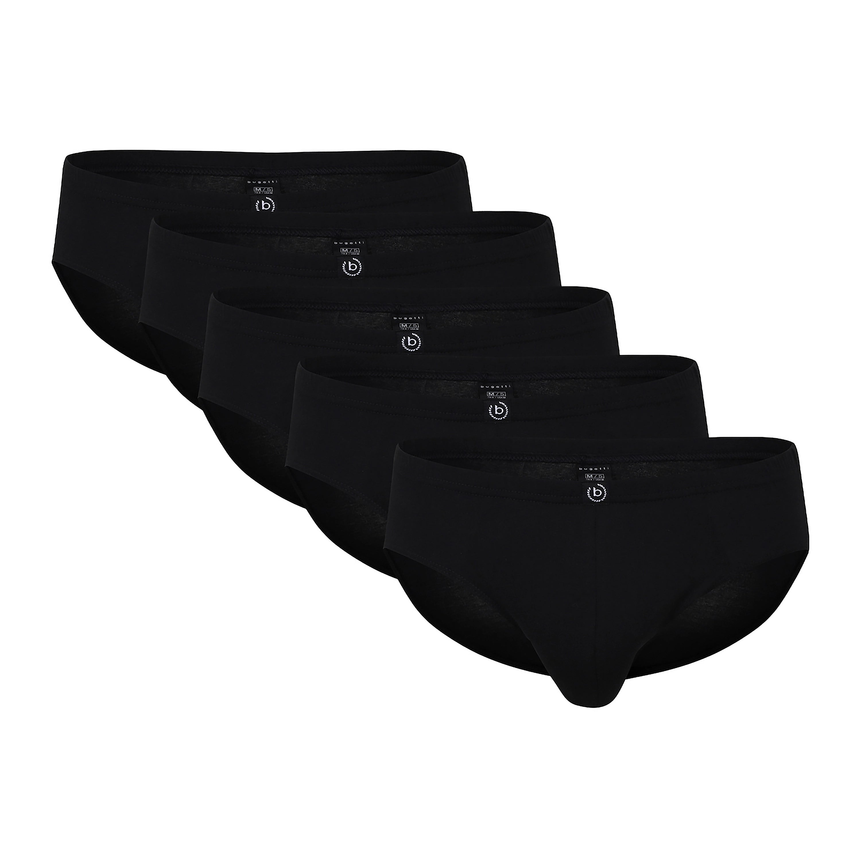 bugatti schwarze Slips im 5er-Pack, schlichtes Design, Büstenbild.