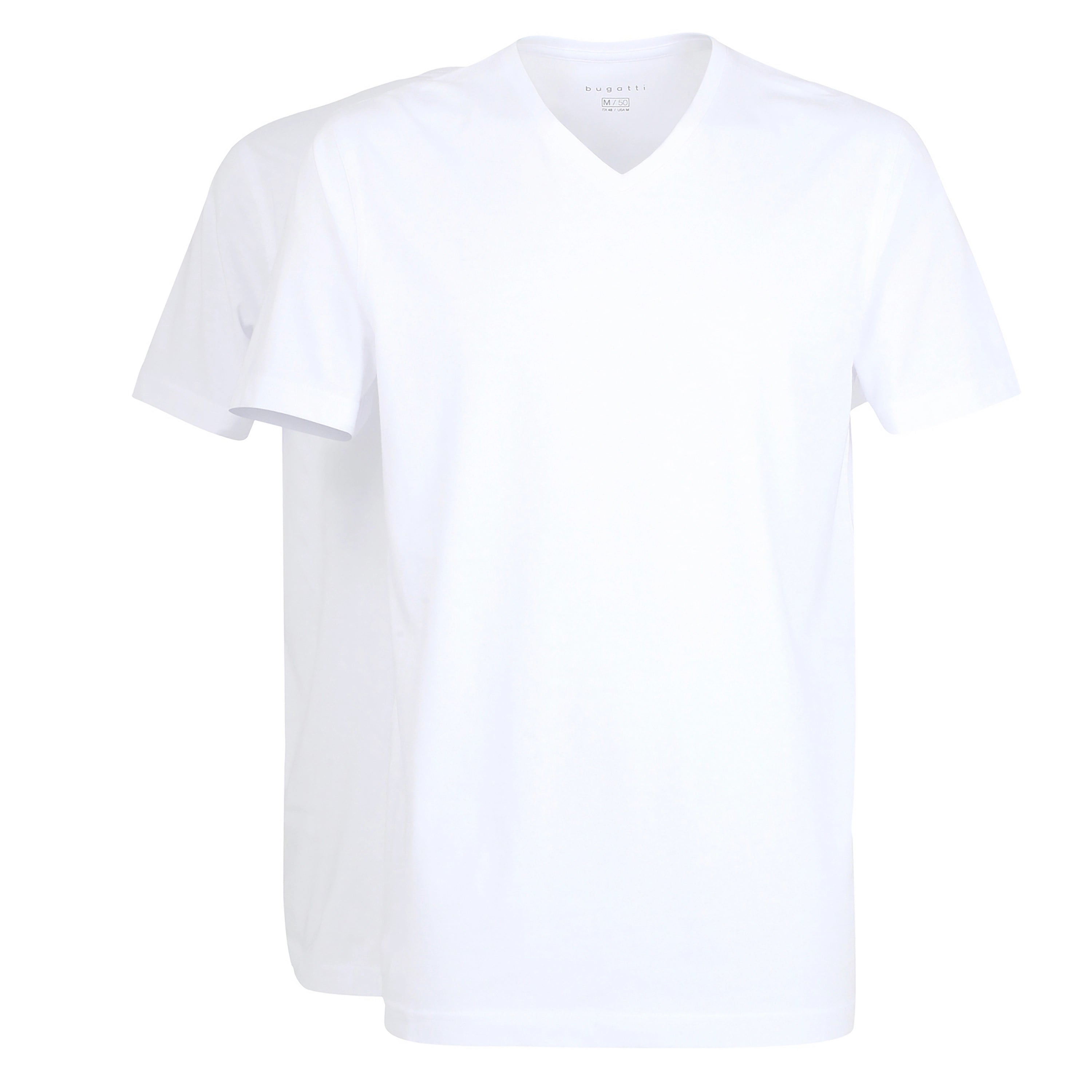 Zwei weiße bugatti T-Shirts, V-Ausschnitt, Büstenbild, schlichtes Design.