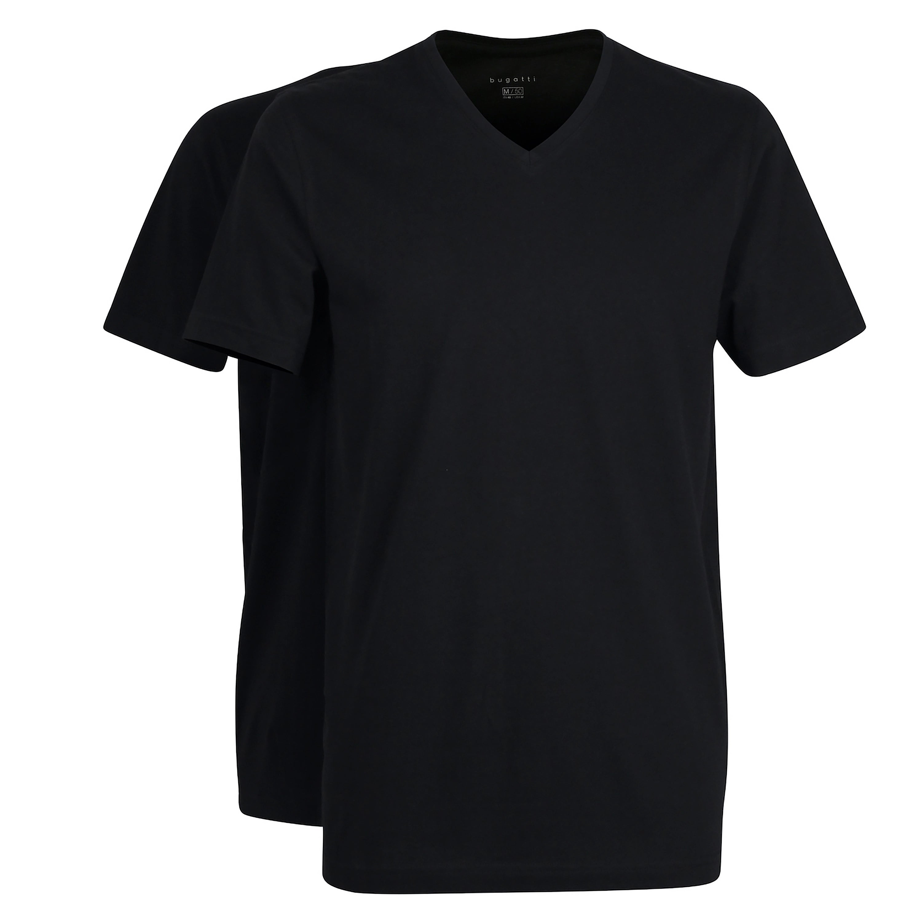 Zwei schwarze bugatti T-Shirts mit V-Ausschnitt, legeres Büstenbild, zeitlos und stilvoll.