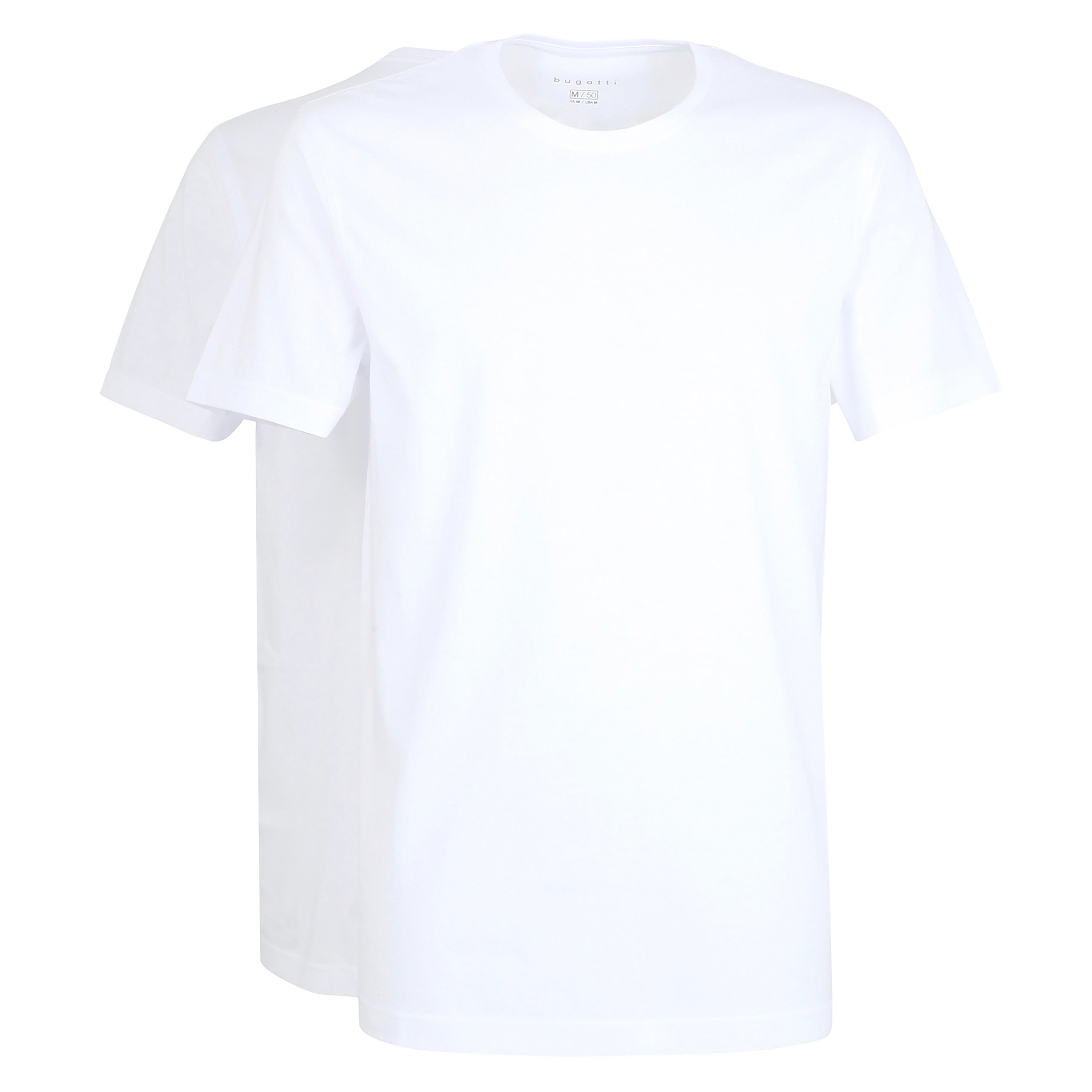 Zwei weiße bugatti T-Shirts, Büstenbild, schlichtes Design, zeitlose Eleganz.