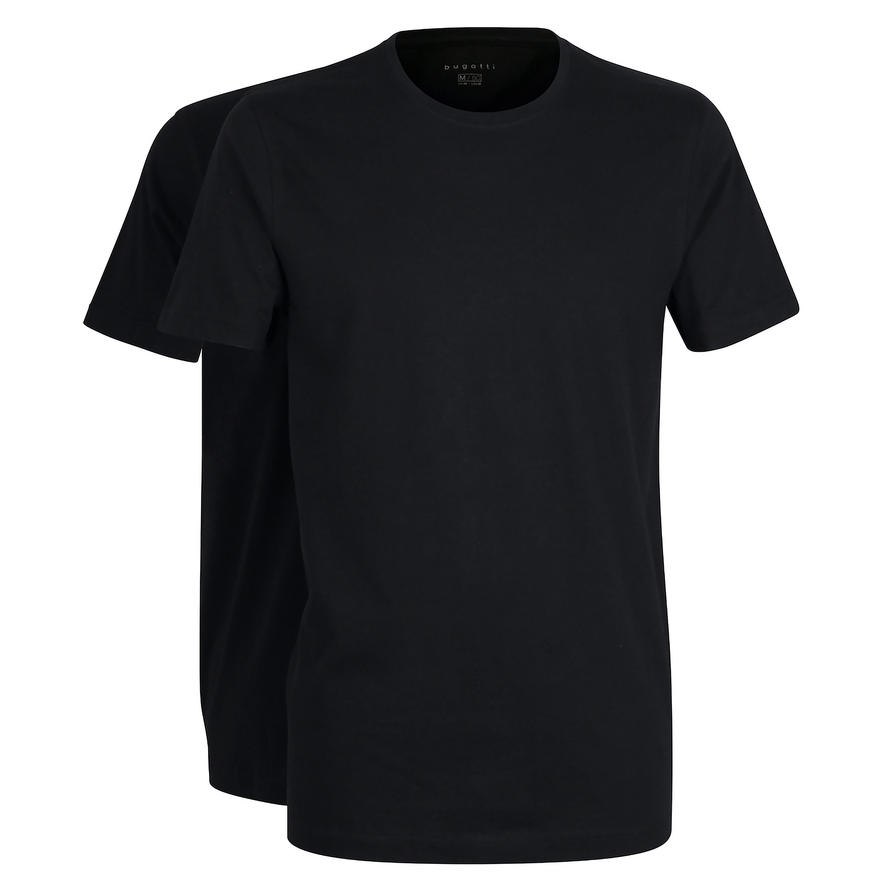 Zwei schwarze bugatti T-Shirts, leger präsentiert, ohne Model.
