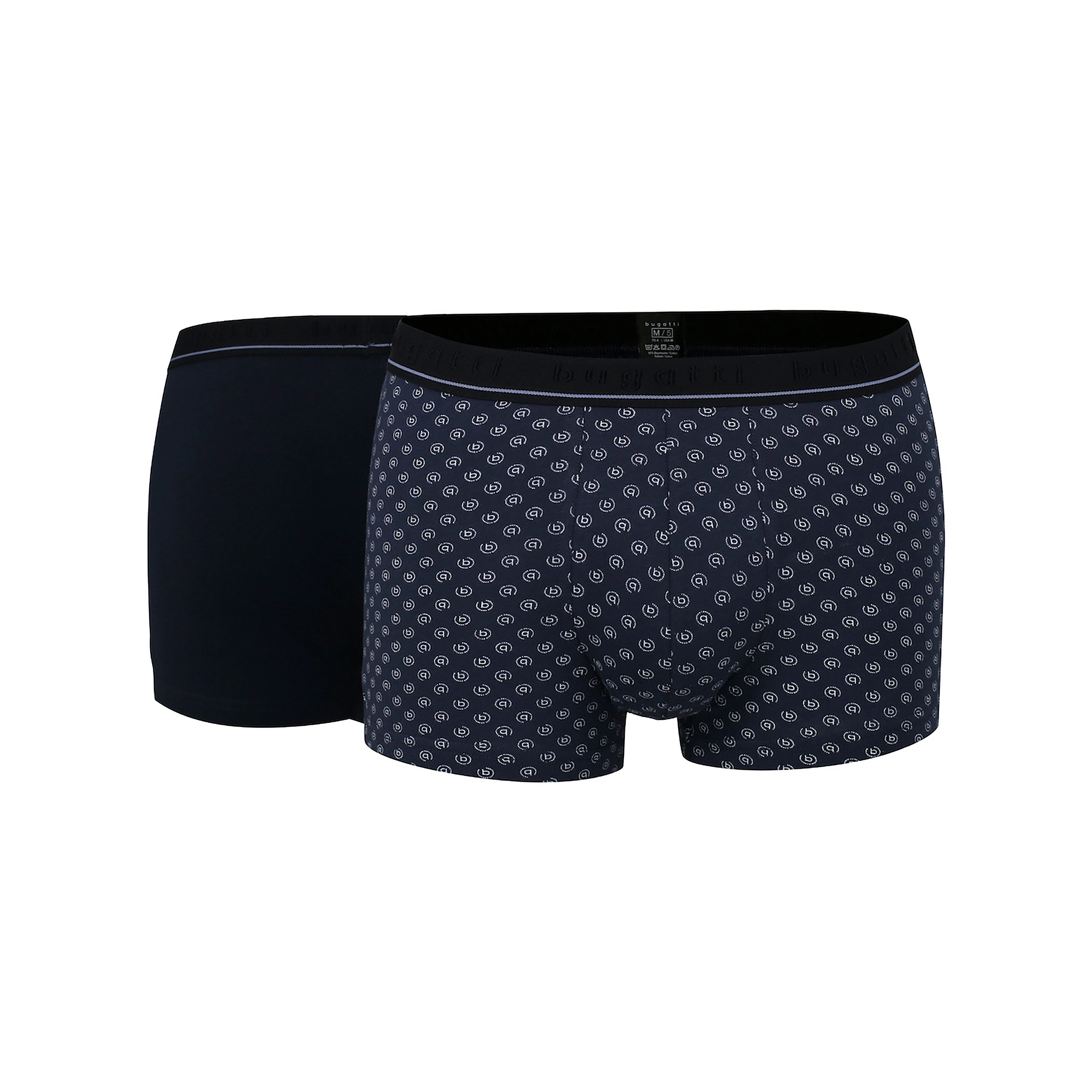 Zwei Paar bugatti Boxershorts in Dunkelblau, einfarbig und mit Muster. Büstenbild.