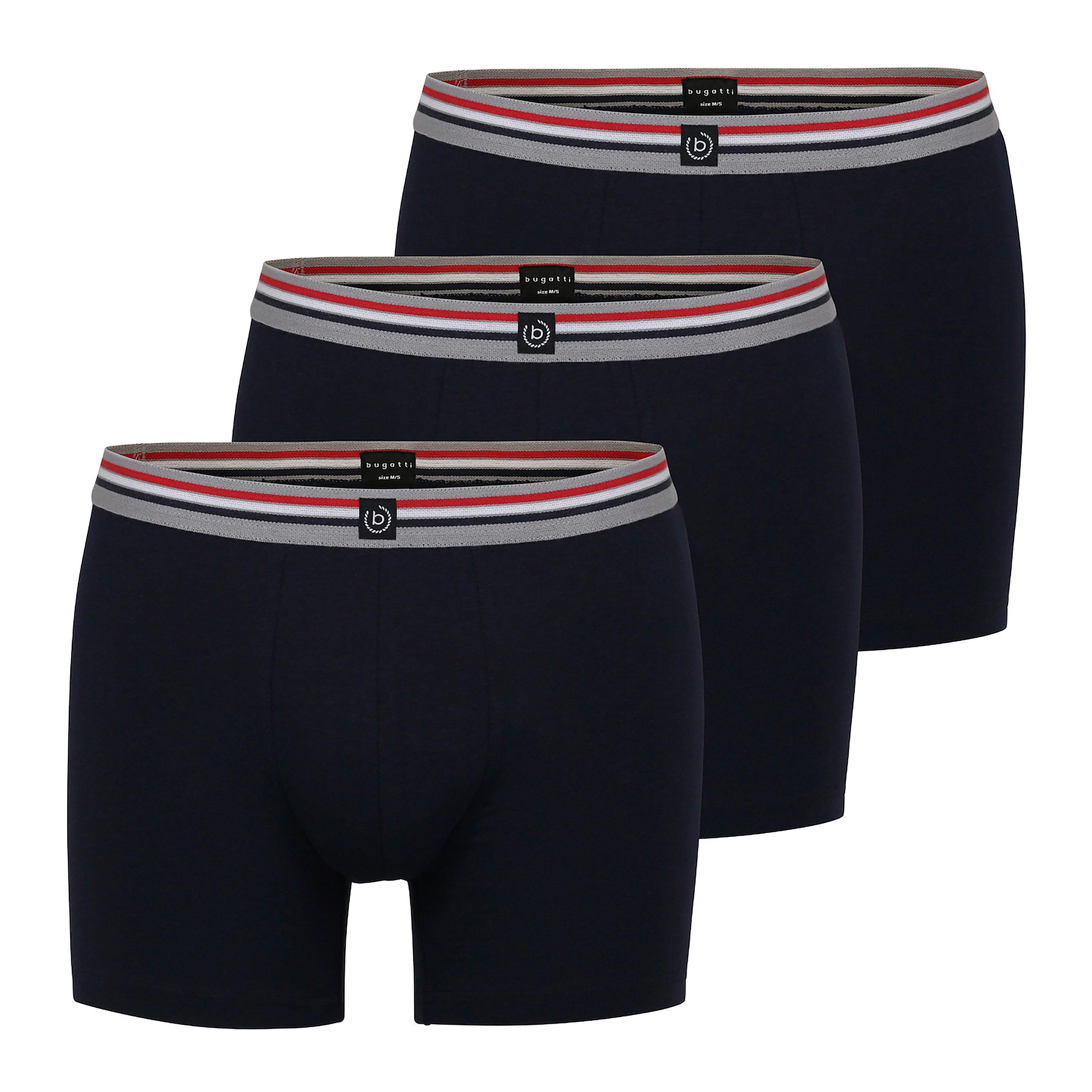 Drei navy bugatti Boxershorts mit gestreiftem Bund in Grau und Rot. Büstenbild.
