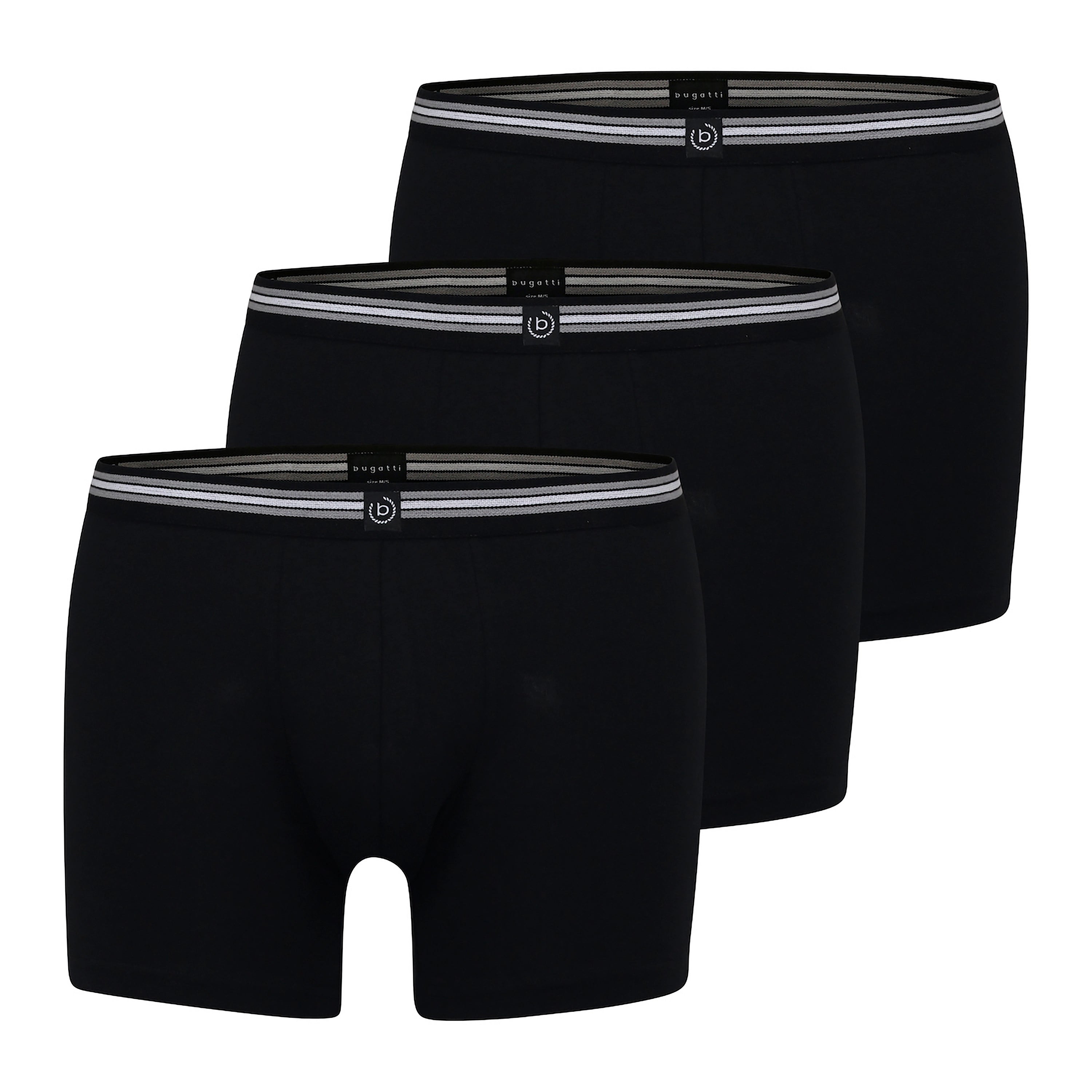 3er-Pack bugatti Boxershorts, schwarz, mit gestreiftem Bund. Büstenbild.