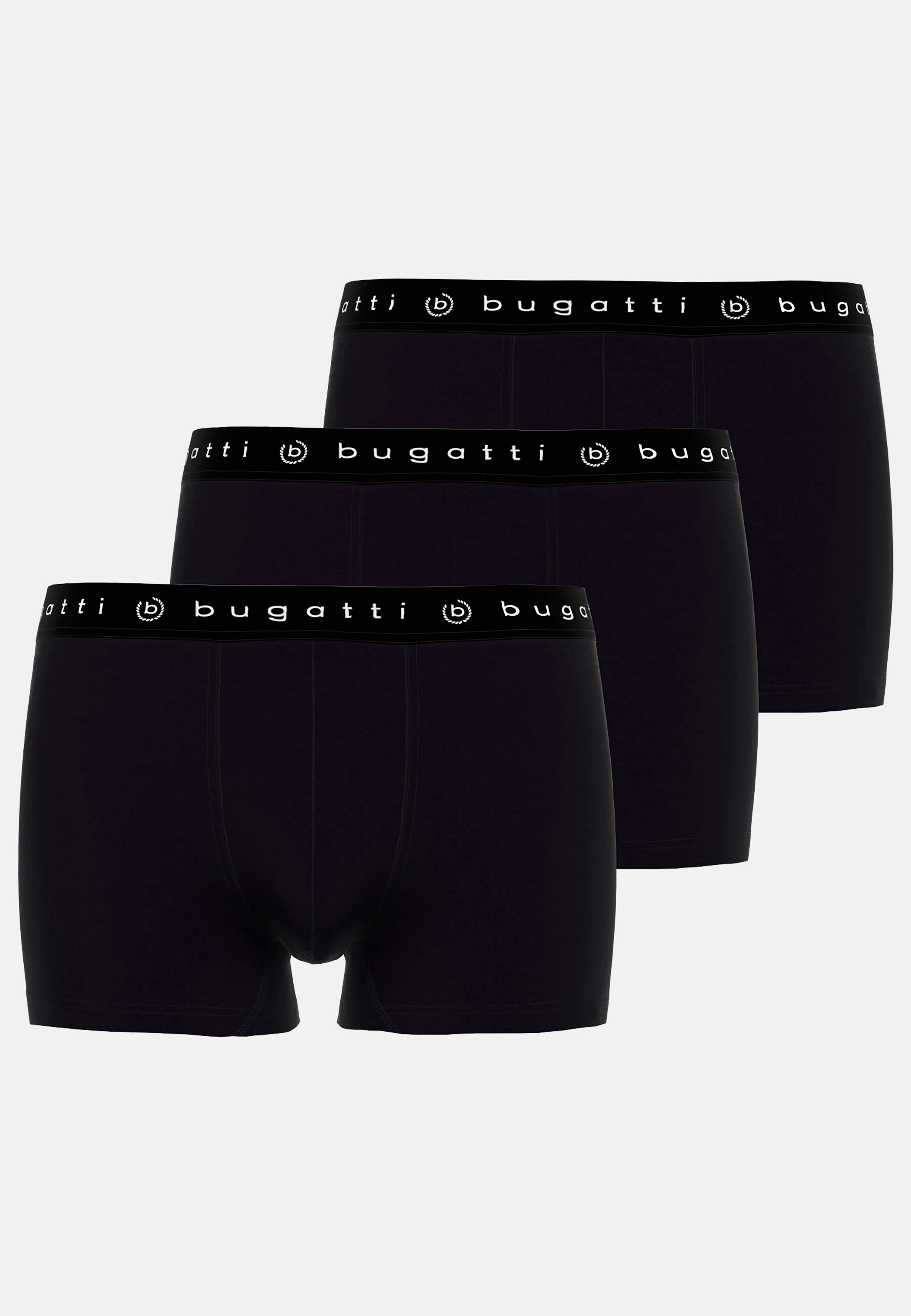 Drei schwarze bugatti Boxershorts mit Logo-Bund, Büstenbild.