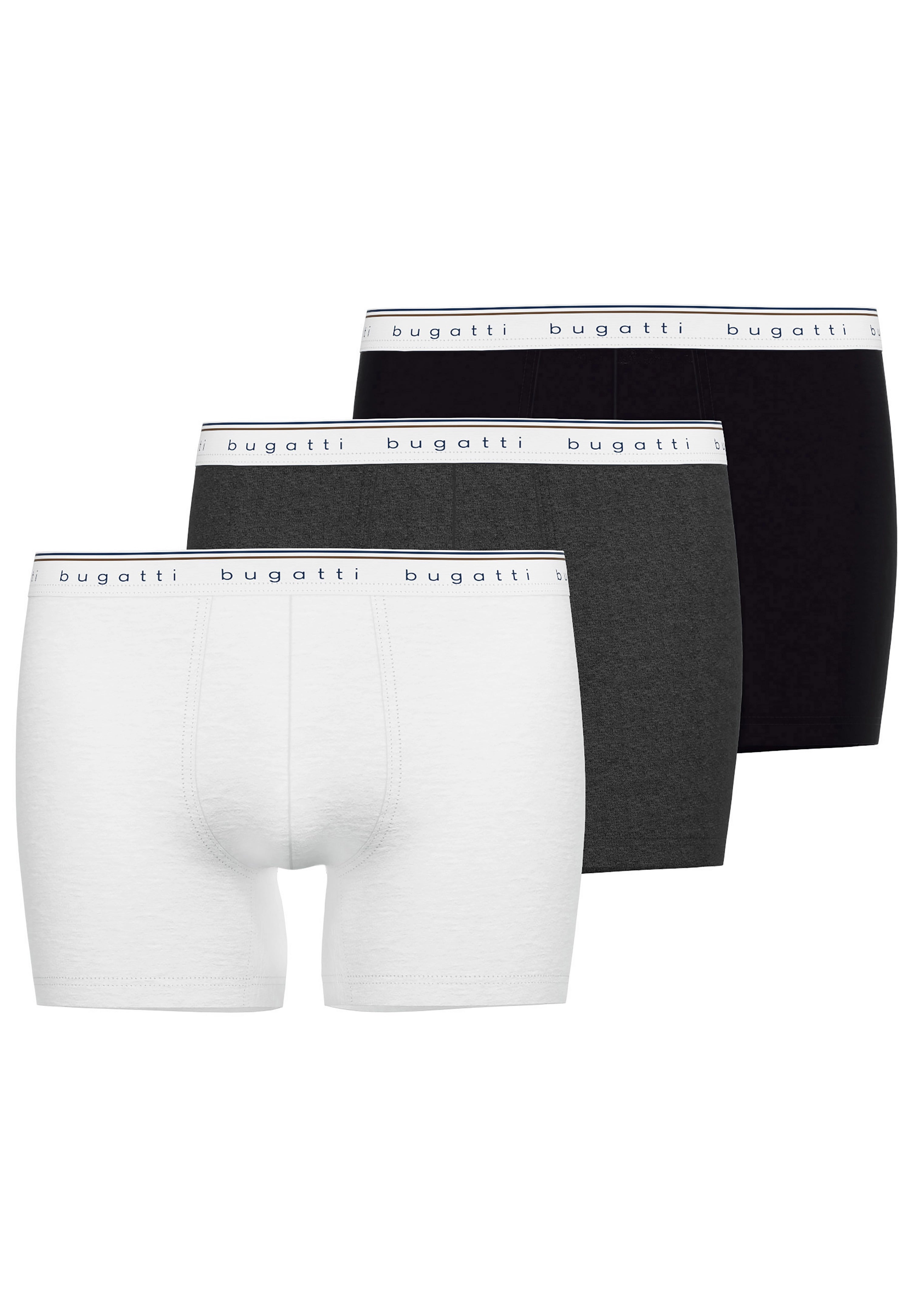 3er Pack bugatti Boxershorts in Weiß, Grau, Schwarz, Büstenbild.
