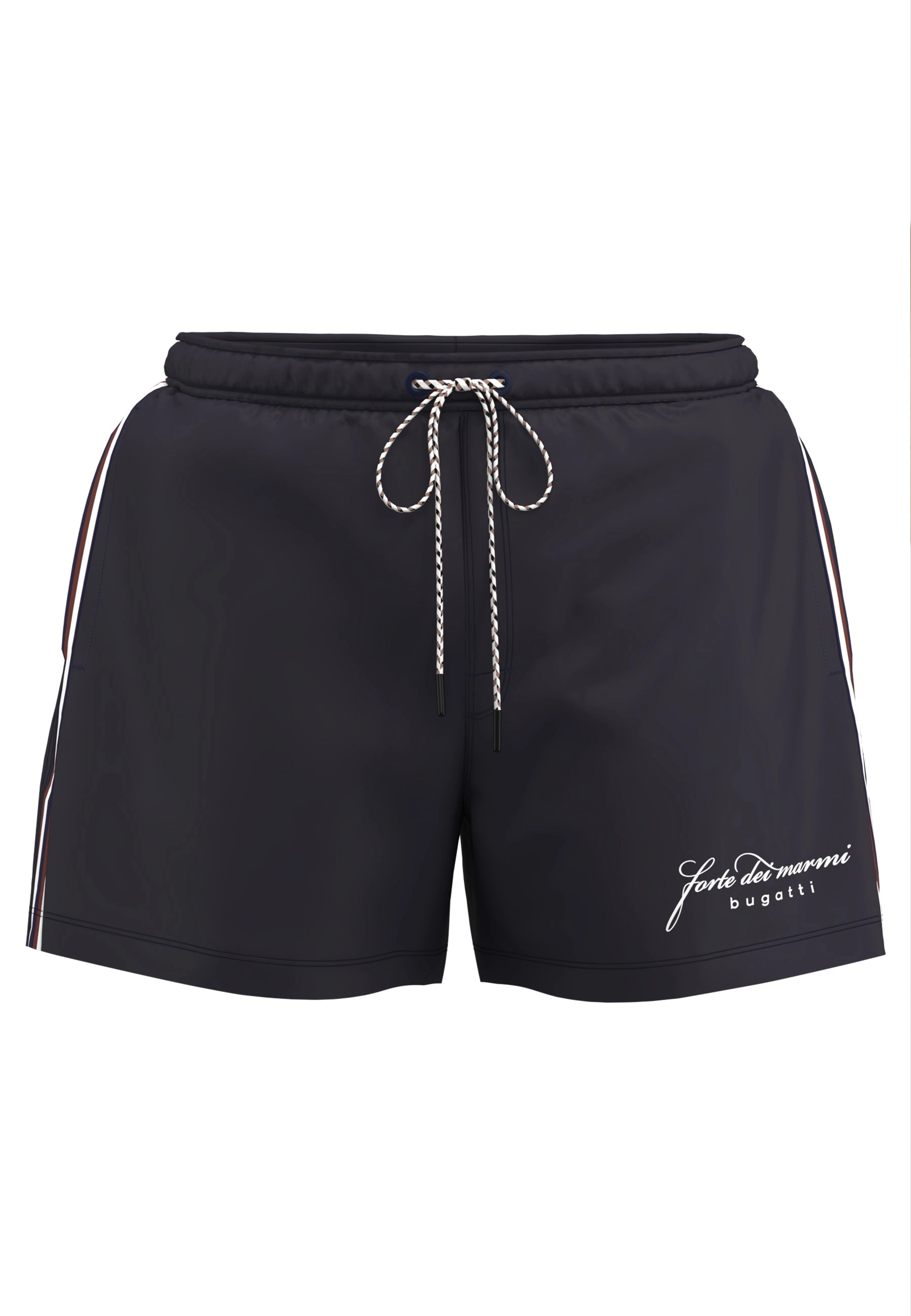 Schwarze bugatti Shorts mit Kordelzug und seitlichen Streifen, Büstenbild.