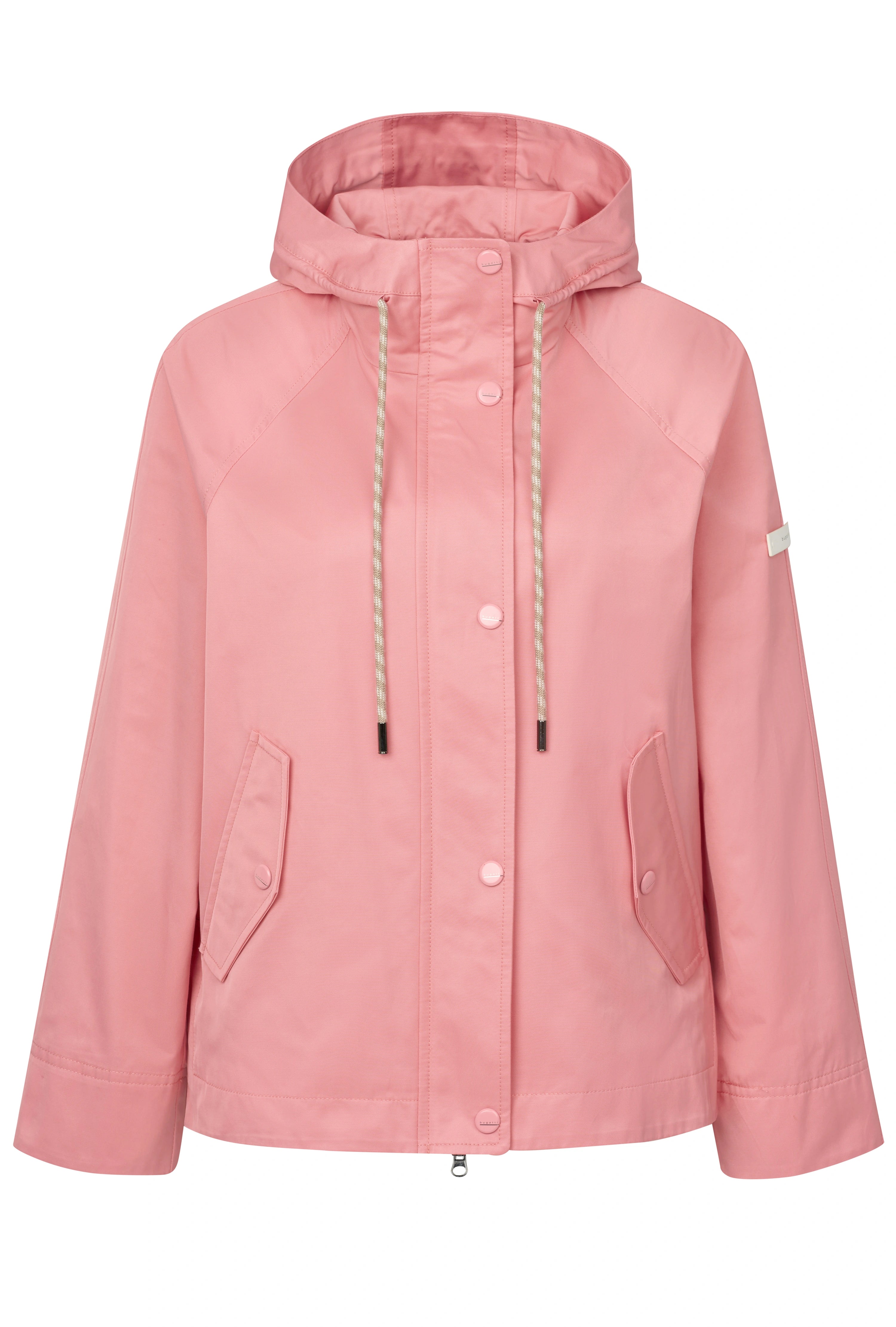 Rosa bugatti Kapuzenjacke, Legerbild, mit Knopfleiste und Kordelzug.