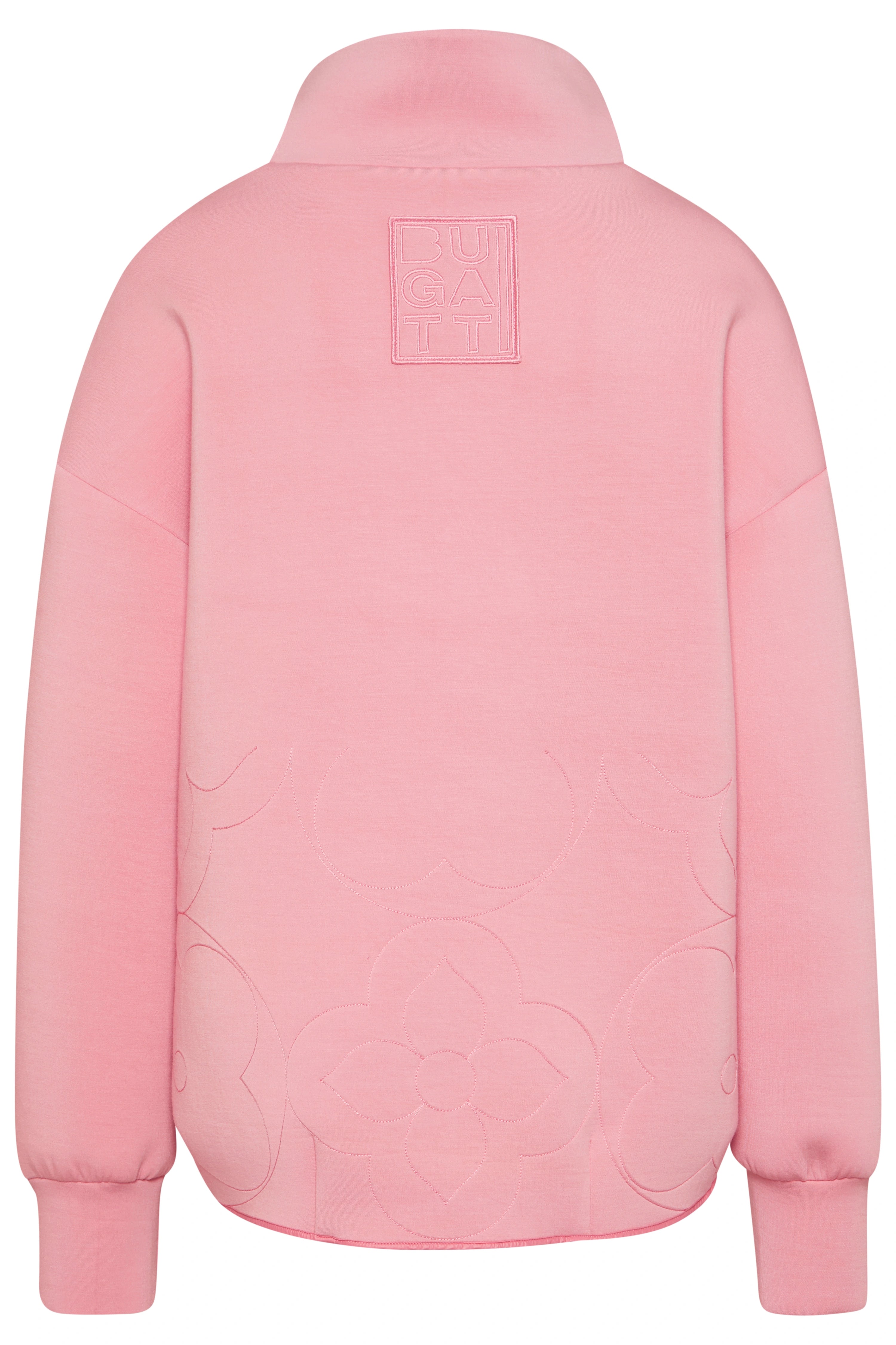 Rosa bugatti Pullover mit Blumenmuster, Büstenbild, stilvoll und elegant.