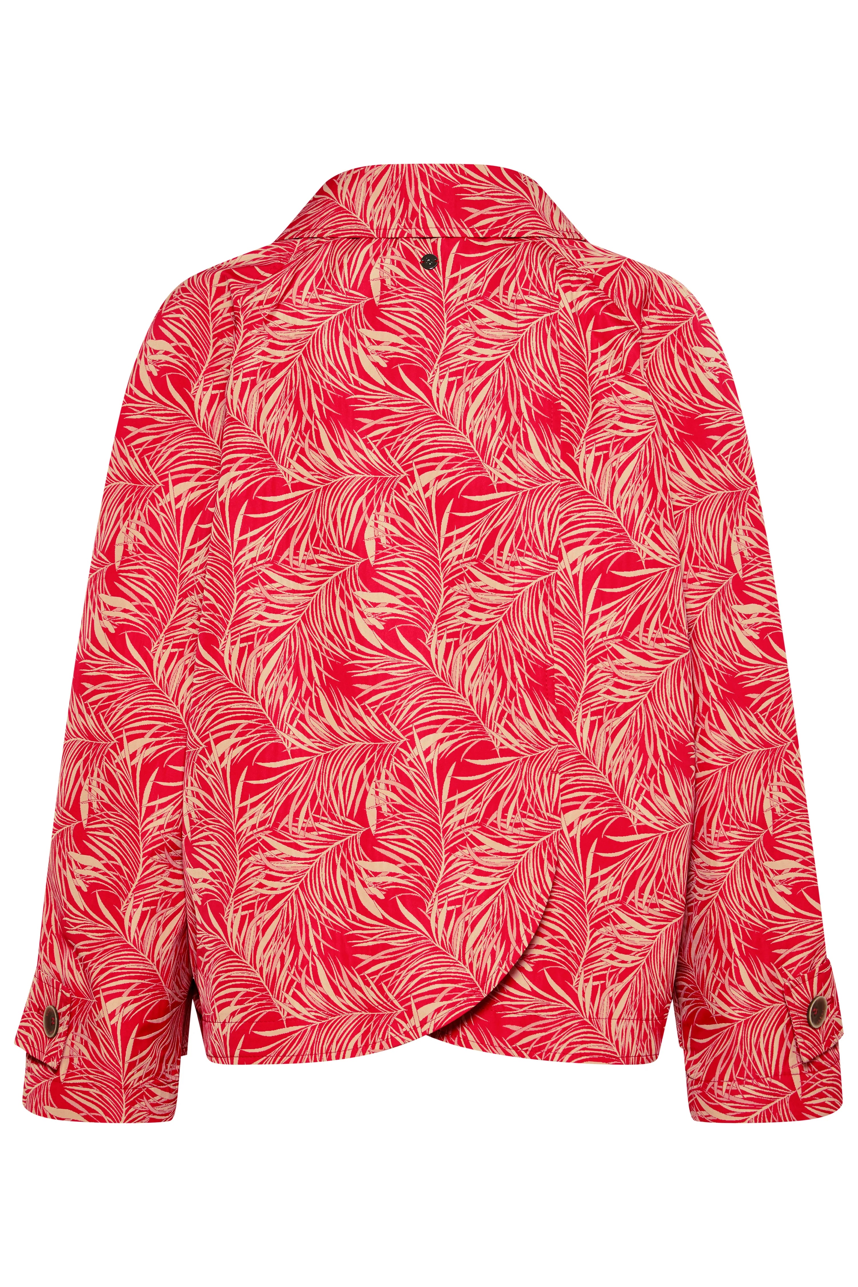 Rote bugatti Bluse mit Blattmuster, Rückansicht, legeres Büstenbild.