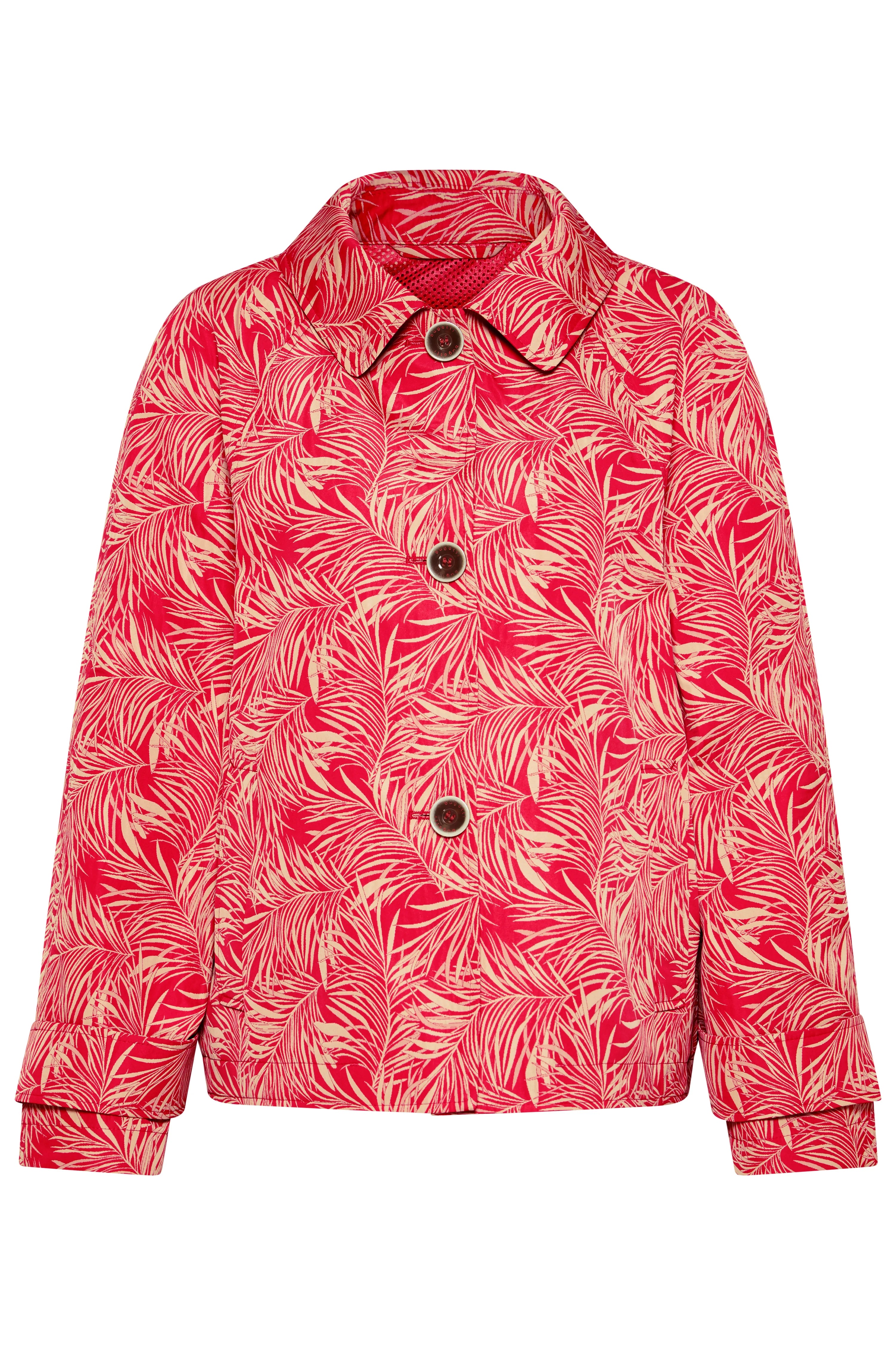 Rote bugatti Jacke mit Palmenmuster, Büstenbild, stilvoll und geschmackvoll für urbanes Flair.
