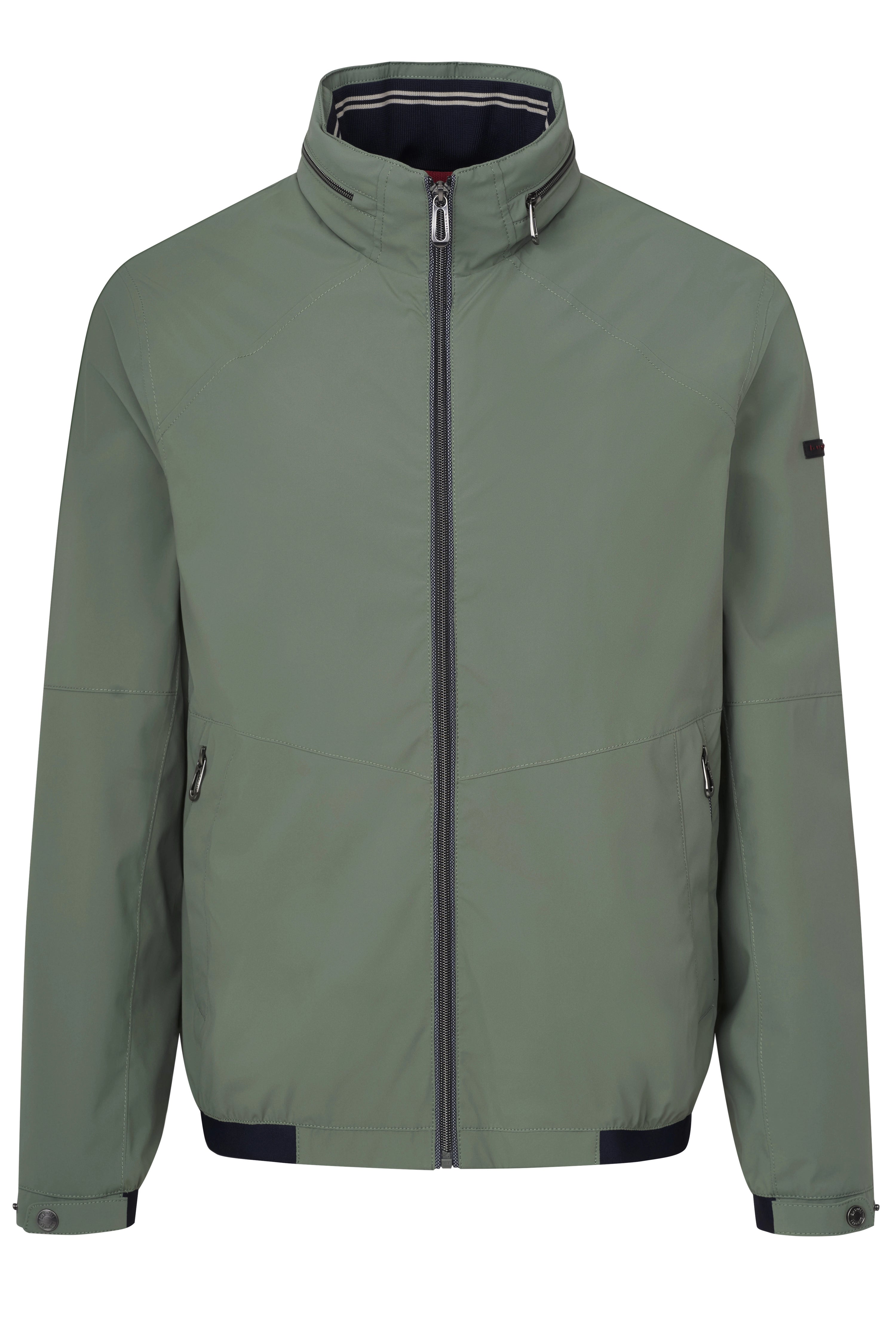 Grüne Herrenjacke von bugatti, Büstenbild, mit Reißverschluss und Stehkragen, schlichtes Design.