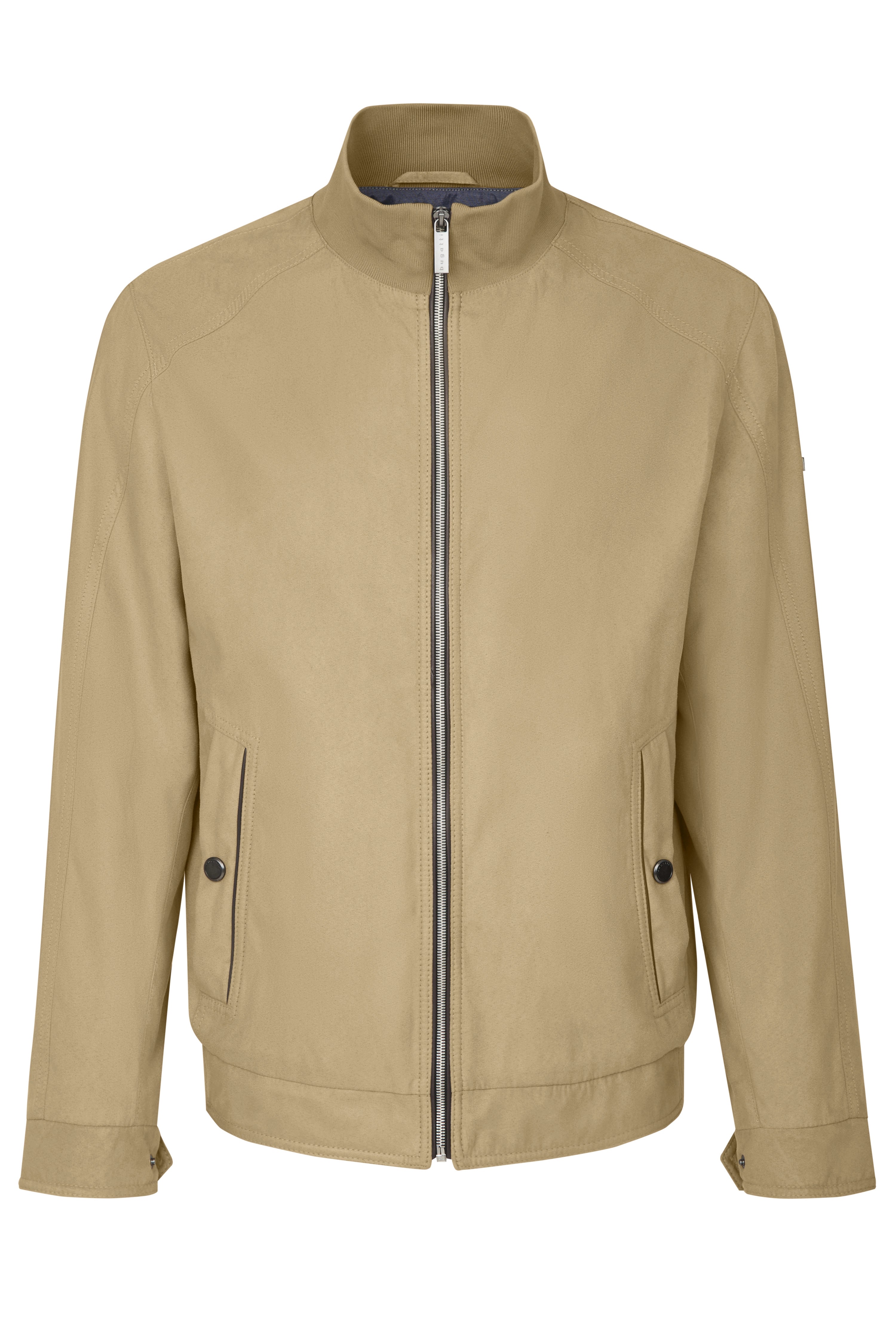 Bugatti beige Jacke mit Stehkragen und Reißverschluss, legeres Büstenbild.