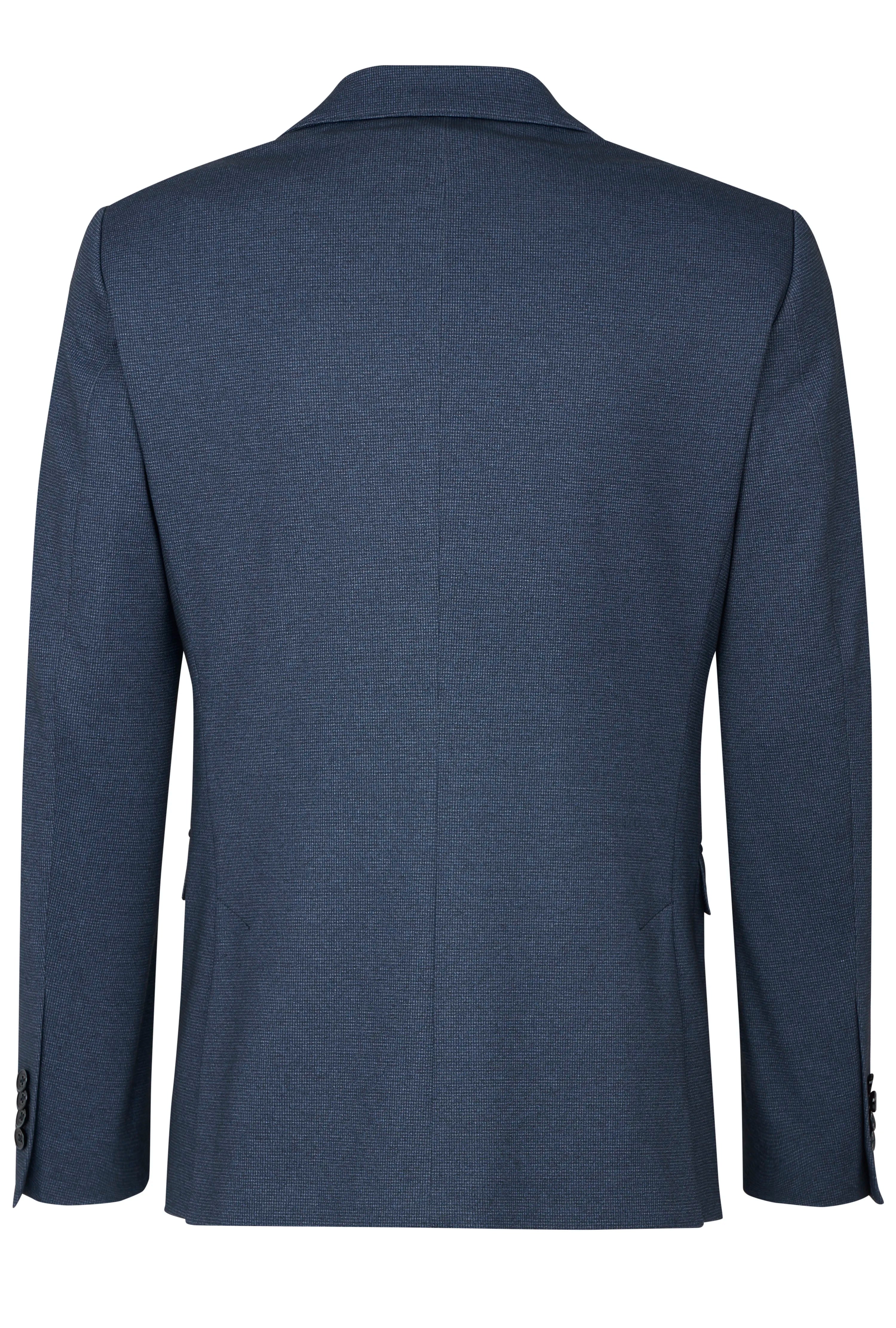 Blauer bugatti Sakko, Rückansicht, feines Muster, elegantes Design, hochwertig und stilvoll.