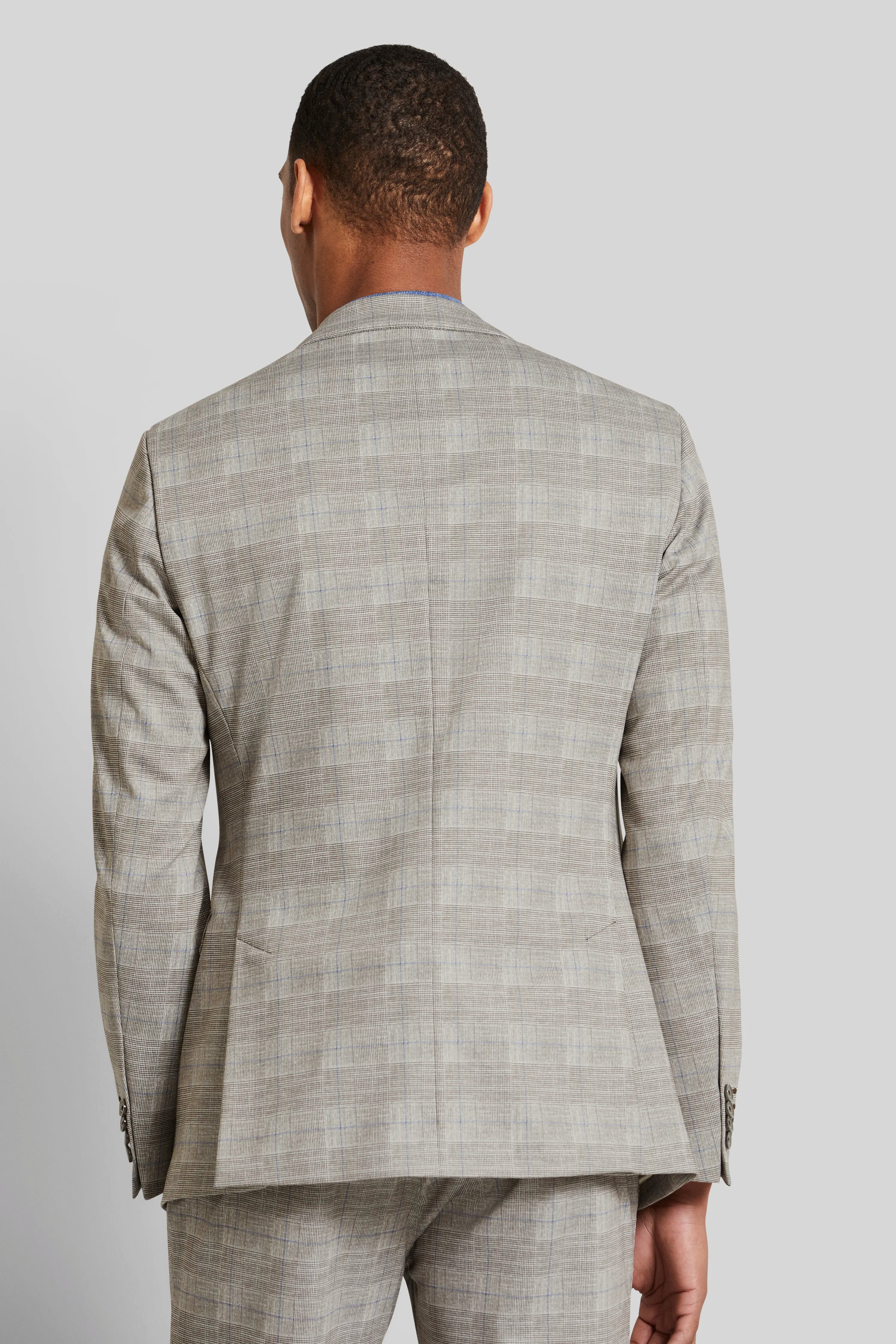 Grijs geruit colbert en broek van bugatti, achterkant, modelbeeld.