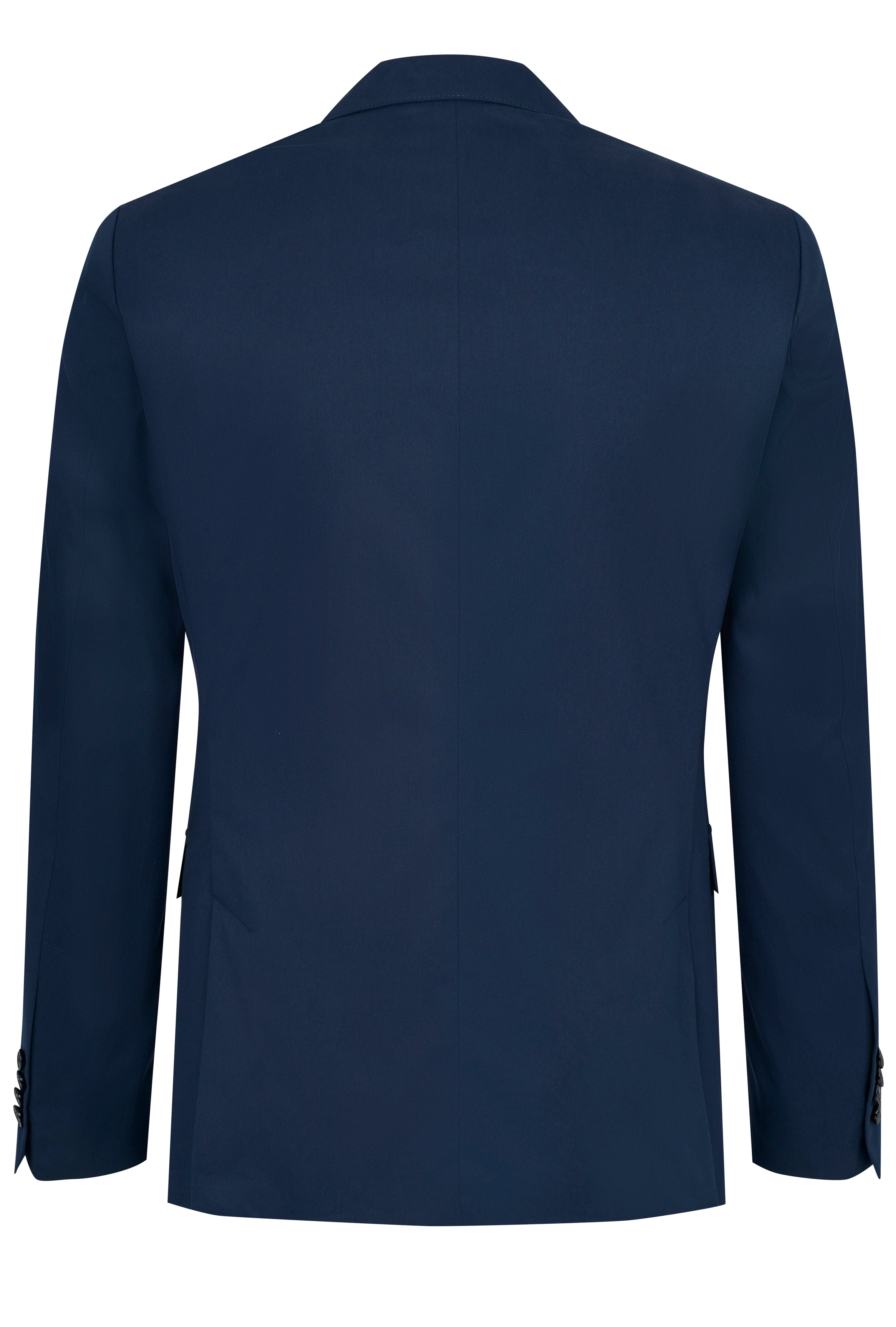 Donkerblauw bugatti colbert, achteraanzicht, elegante stijl, toont hoogwaardige afwerking.