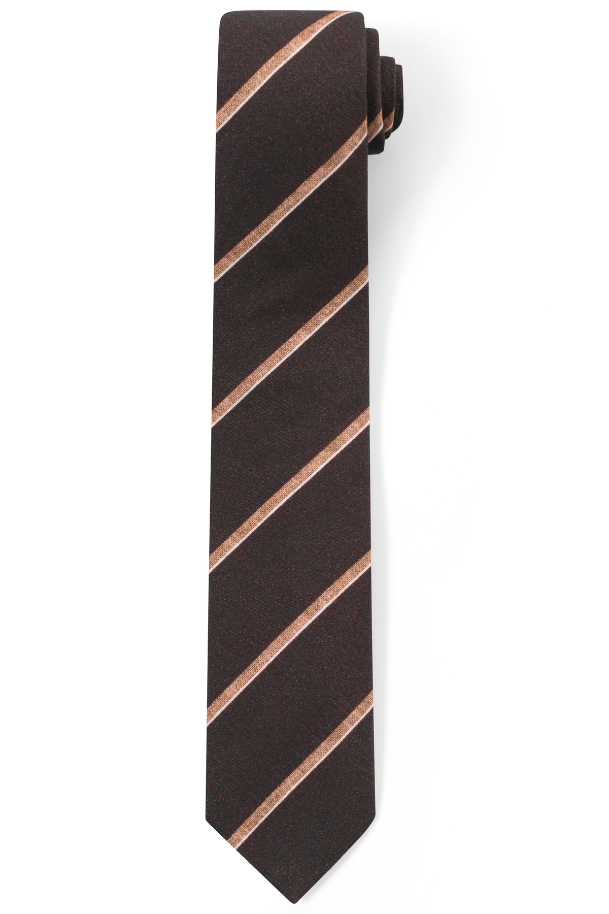 Krawatte in Braun mit beigen Streifen, Büstenbild, bugatti Stil und Qualität.