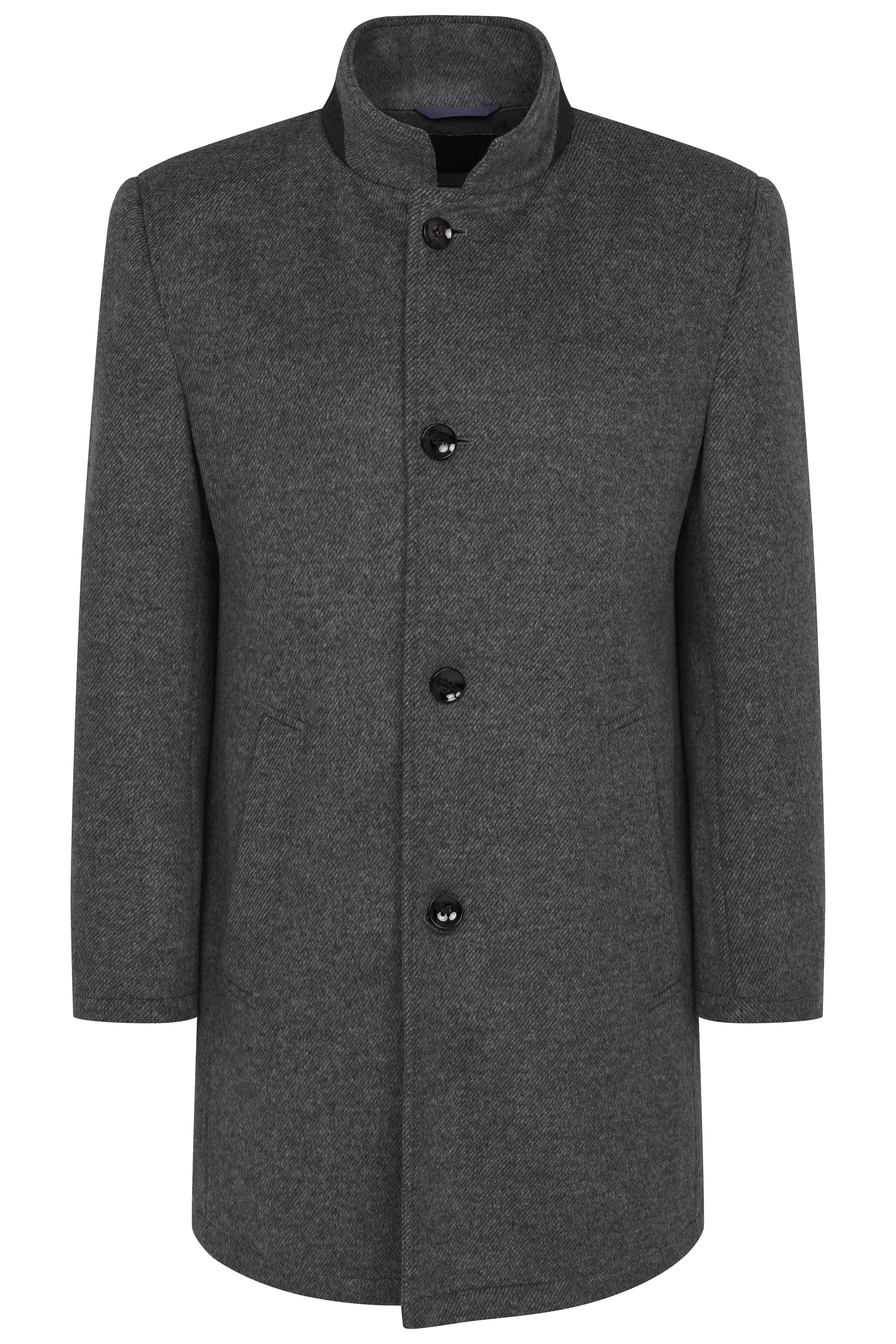 Grauer bugatti Mantel, Büstenbild, Stehkragen, eleganter Stil, zeitlose Schönheit und Raffinesse.