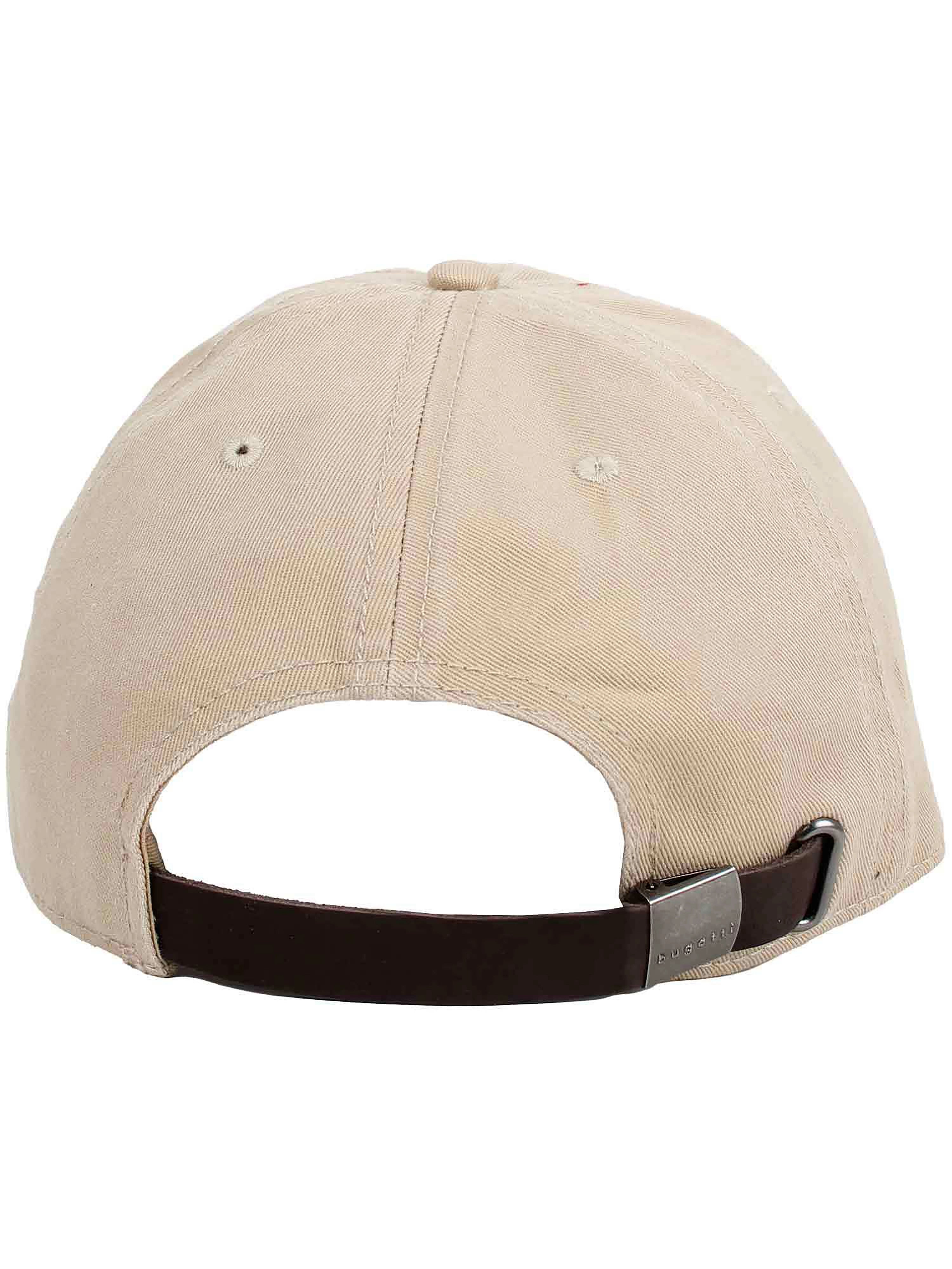 Beige bugatti Basecap, Rückansicht, mit braunem Verschluss und dezenter Logoplakette für stilvolle Freizeitlooks.