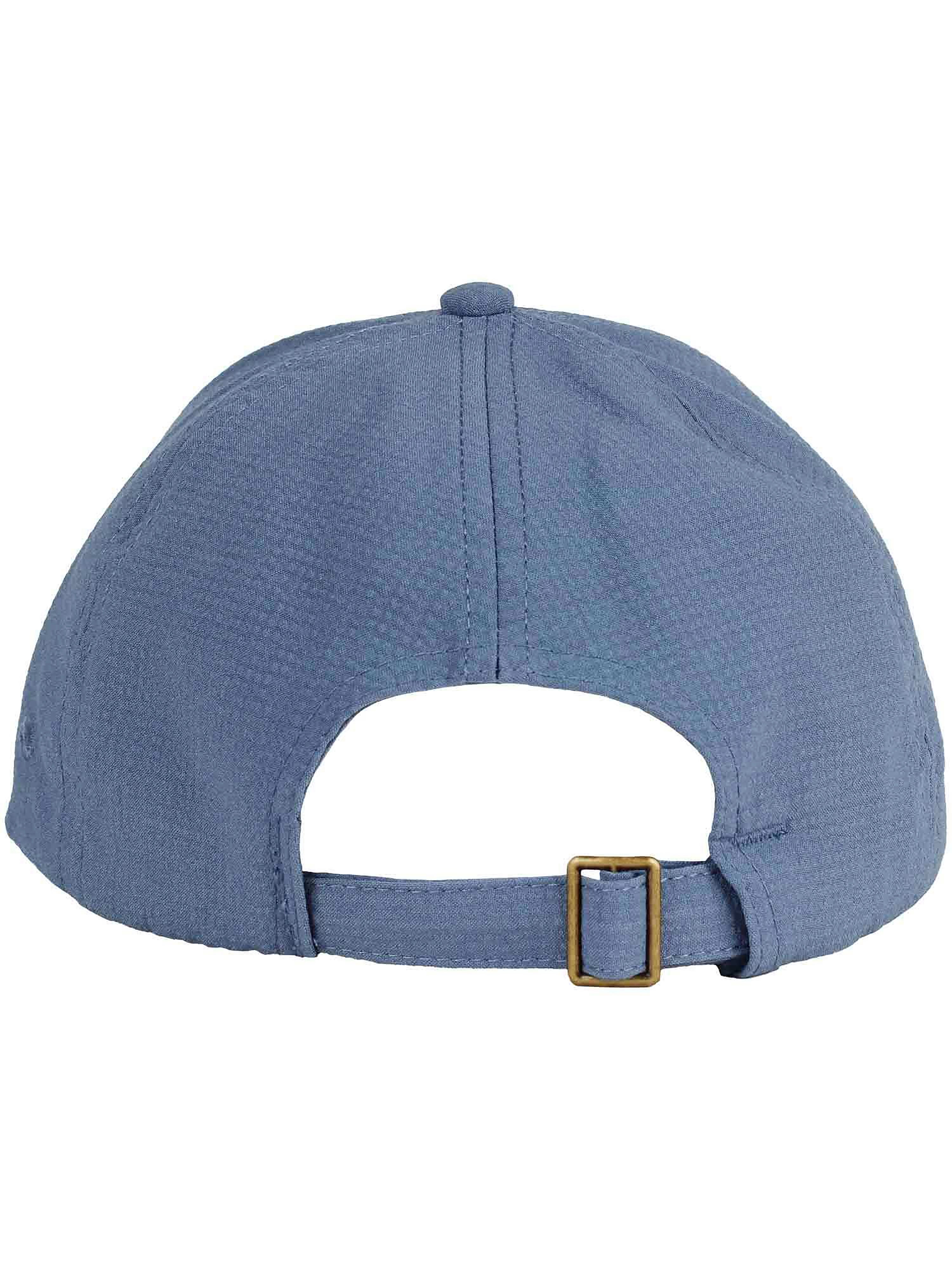Rückansicht einer blauen bugatti Kappe mit verstellbarem Riemen und Metallschnalle.