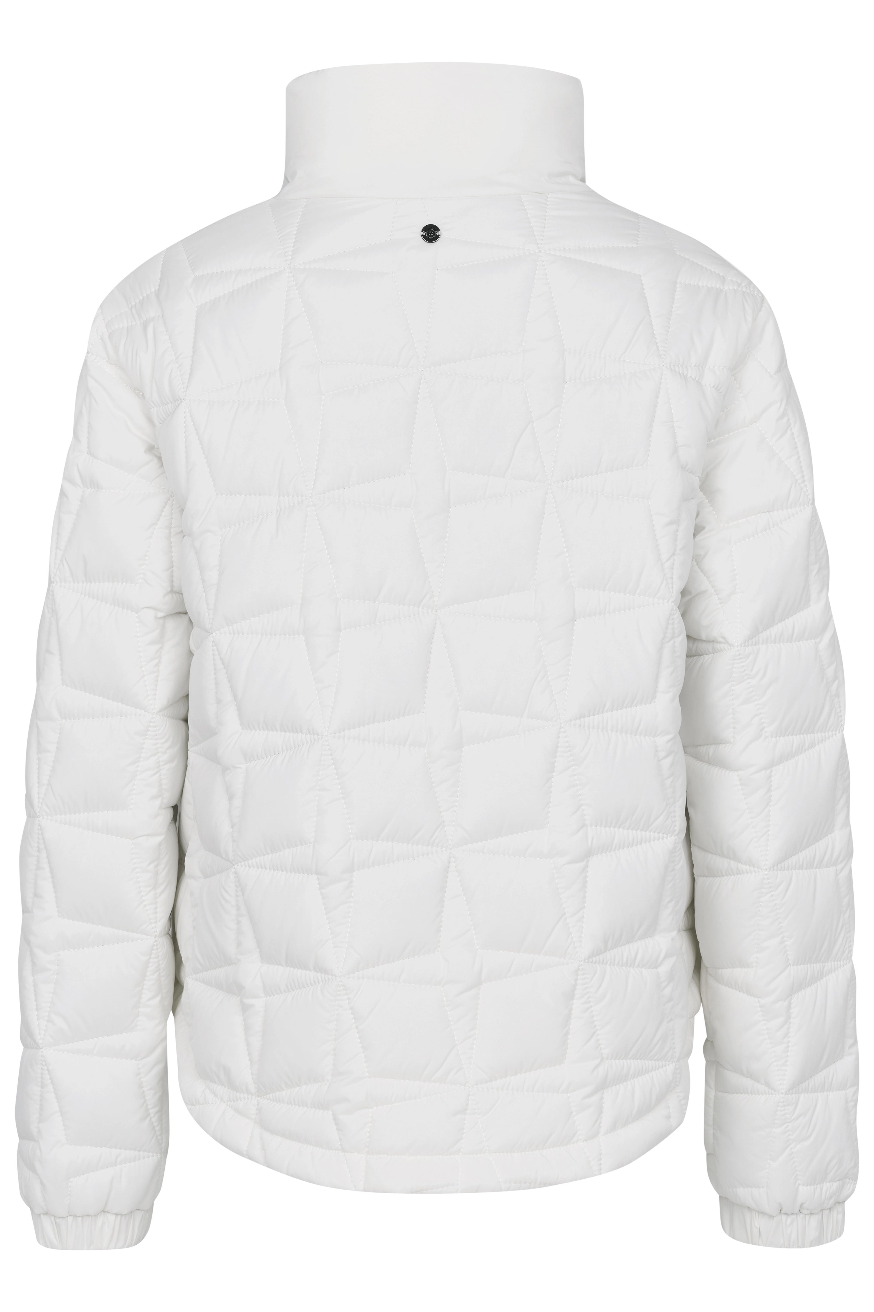 Weiße bugatti Steppjacke, Büstenbild, geometrisches Muster, hohe Kragen, stilvoll und zeitlos.