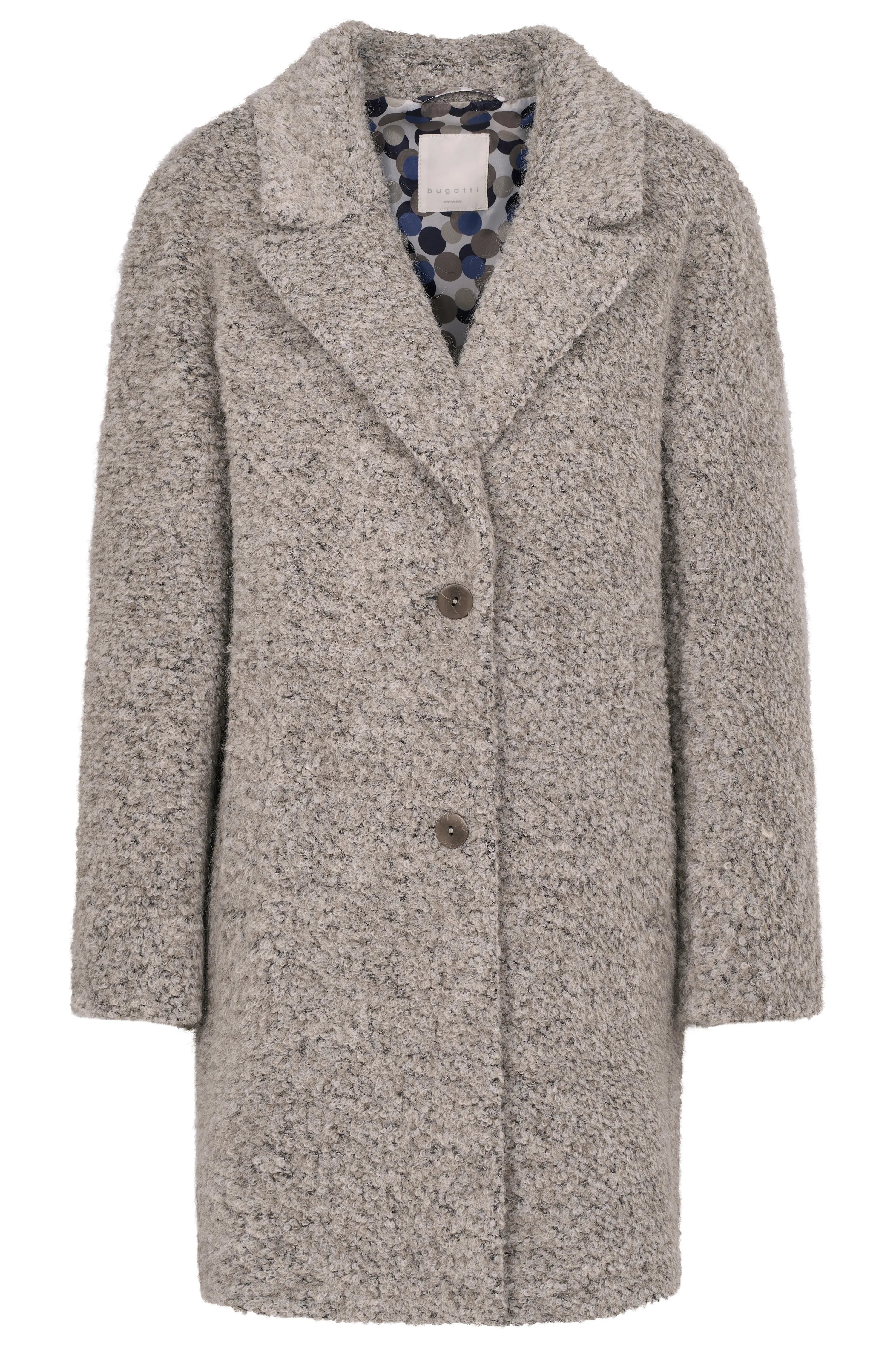 Grauer bugatti Mantel mit Knöpfen, Büstenbild, weiches Bouclé-Muster, zeitlose Eleganz und Stil.