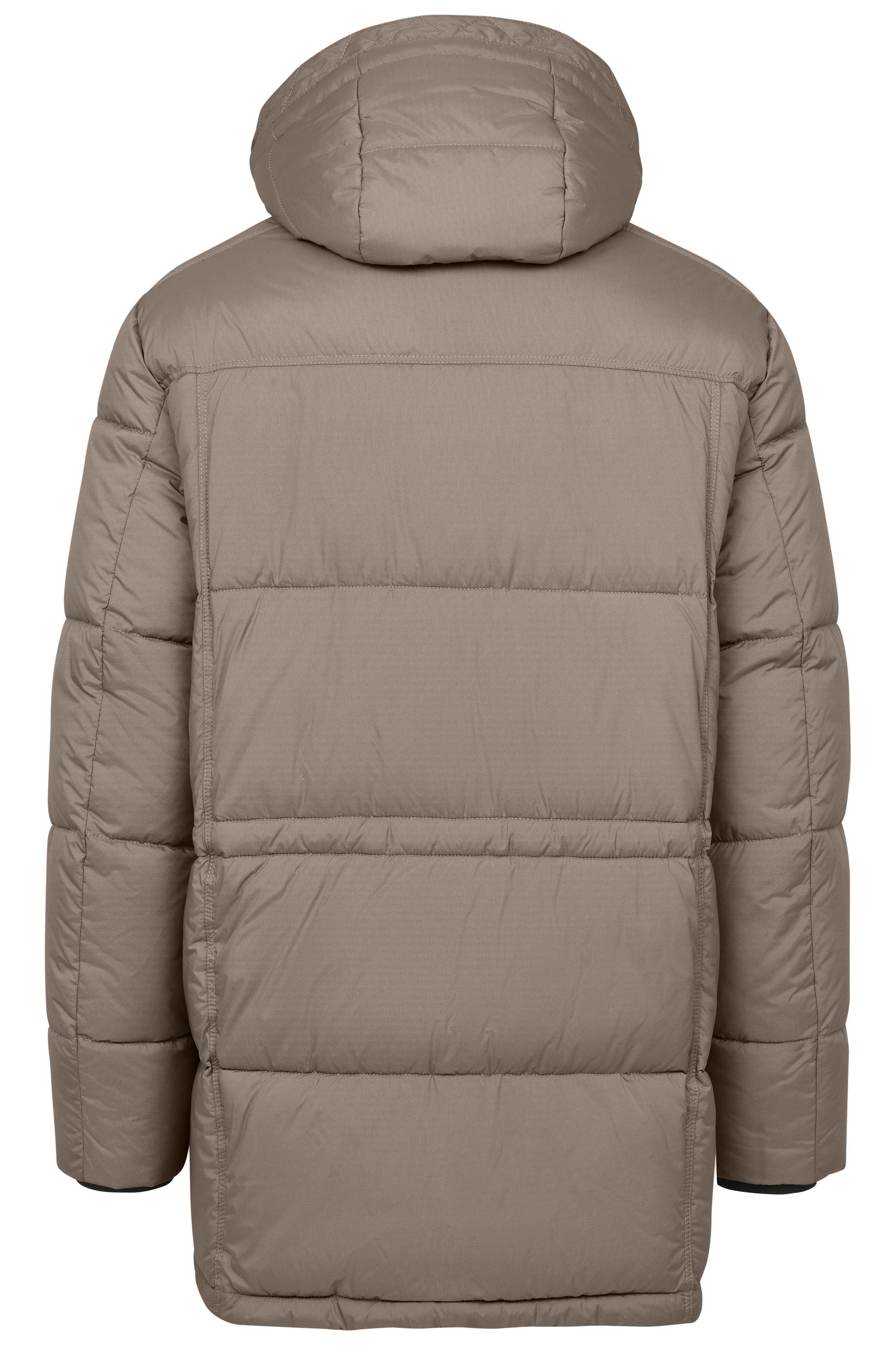 Beigefarbene Daunenjacke von bugatti, Rückansicht, mit Kapuze und gestepptem Design.