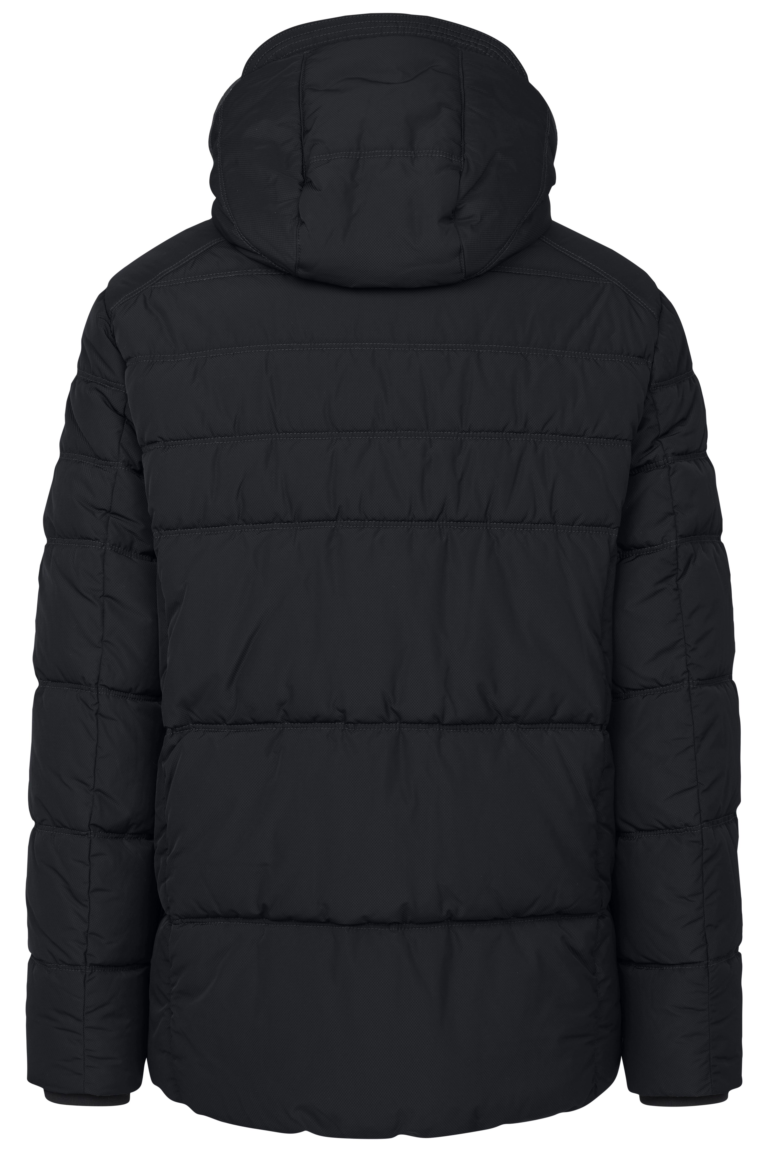 Schwarze bugatti Steppjacke mit Kapuze, Rückenansicht, legeres Büstenbild.