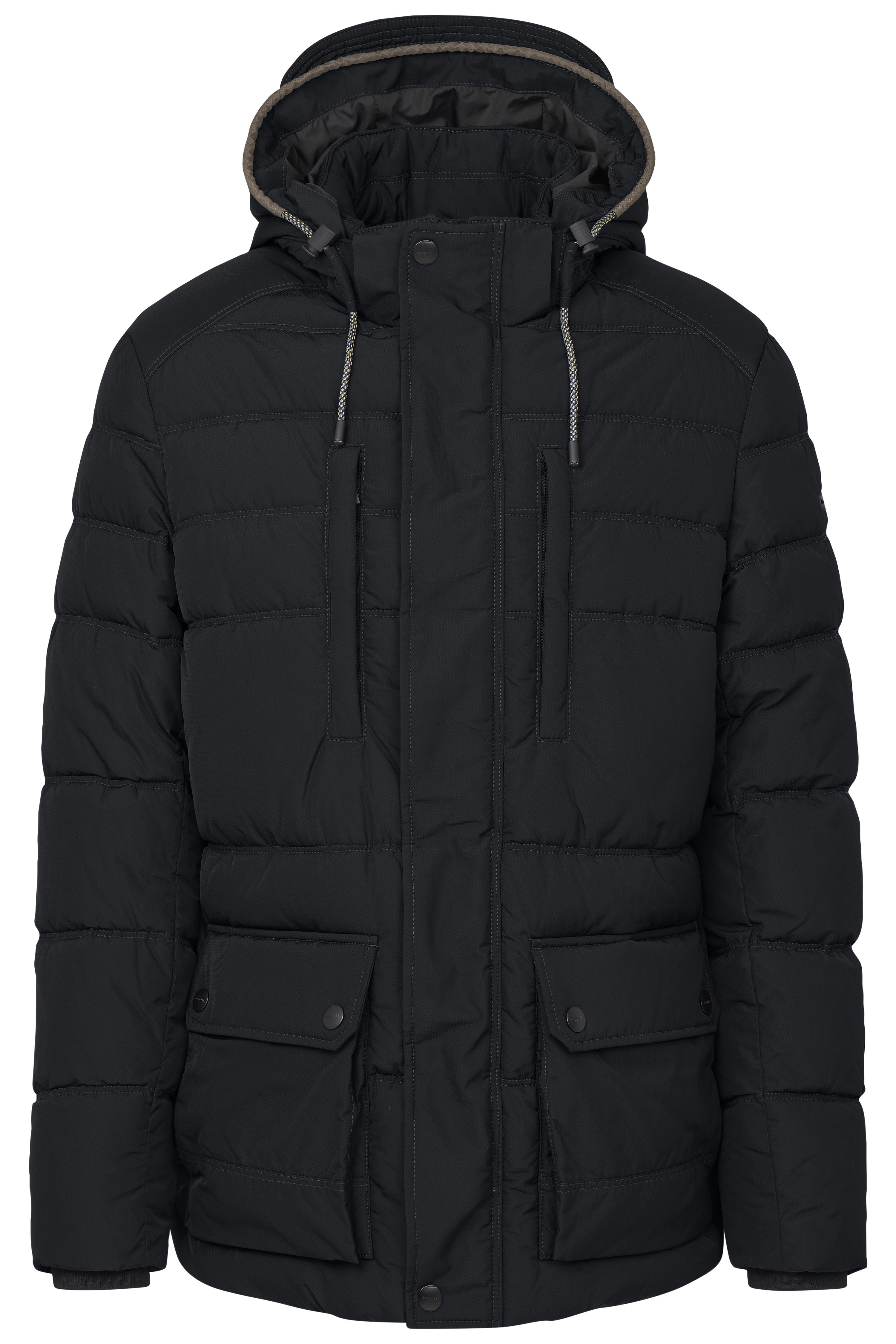 Schwarze bugatti Daunenjacke mit Kapuze, Büstenbild, elegante Steppung.