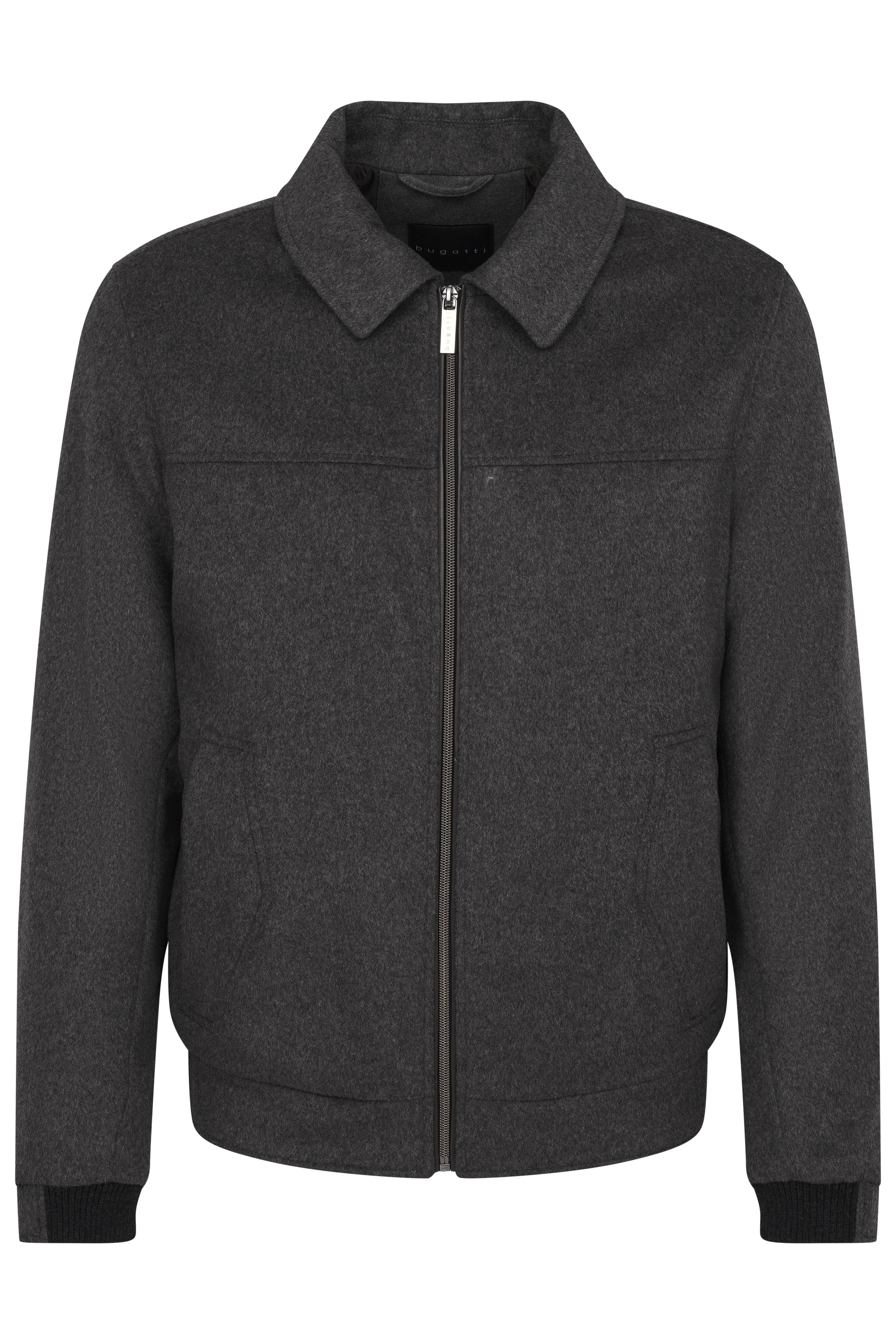 Graue bugatti Jacke mit Reißverschluss, Büstenbild, schlichtes Design.
