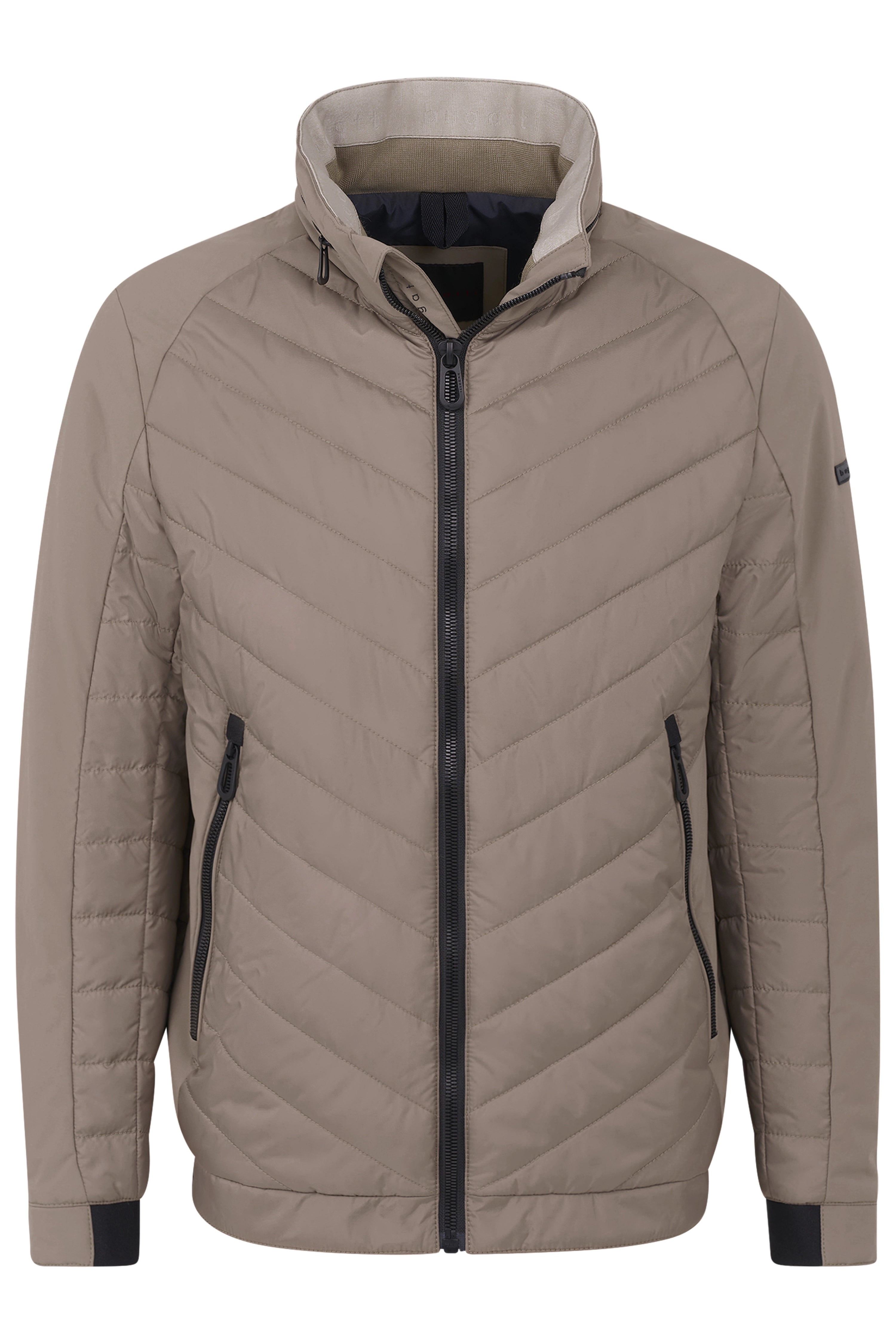 Beige bugatti Jacke, gesteppt, Büstenbild, minimalistisches Design, Reißverschlüsse, sportlich-elegant.