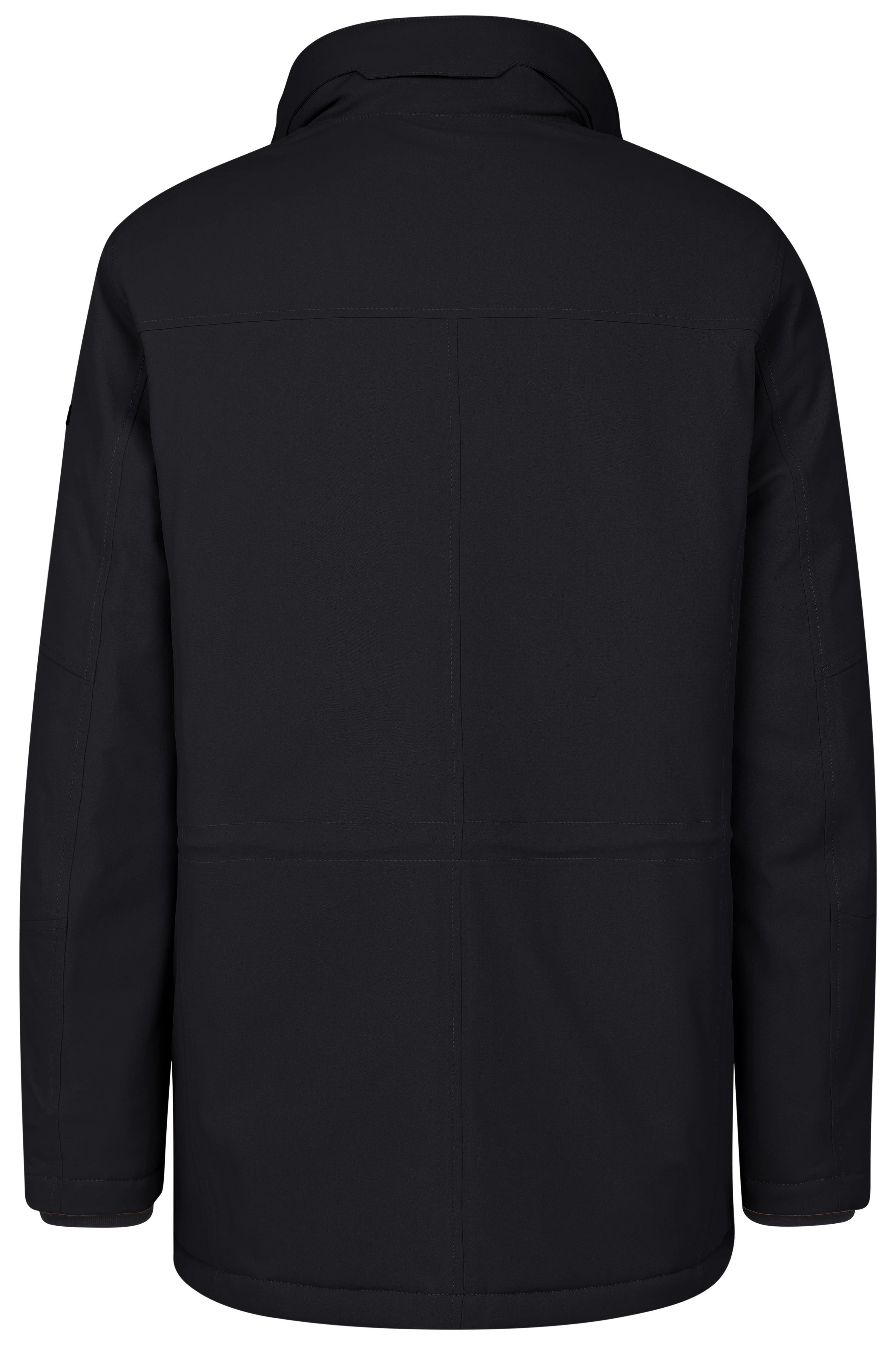 Schwarze bugatti Jacke, Rückansicht, legeres Design, glatte Oberfläche, Büstenbild.