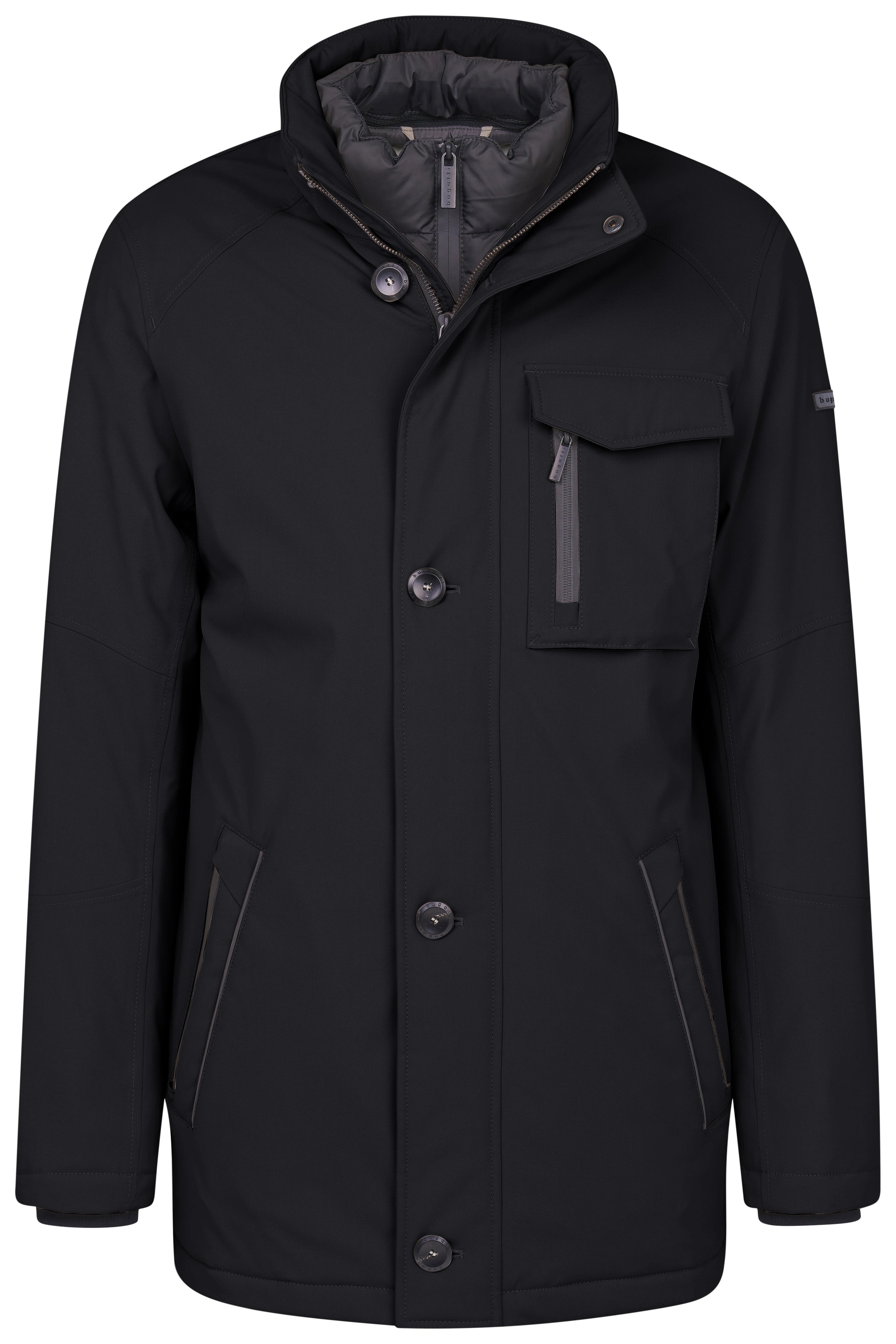 Schwarze bugatti Herrenjacke, Büstenbild, elegante Knopfleiste, hoher Kragen, ideal für stilvolle Wintertage.