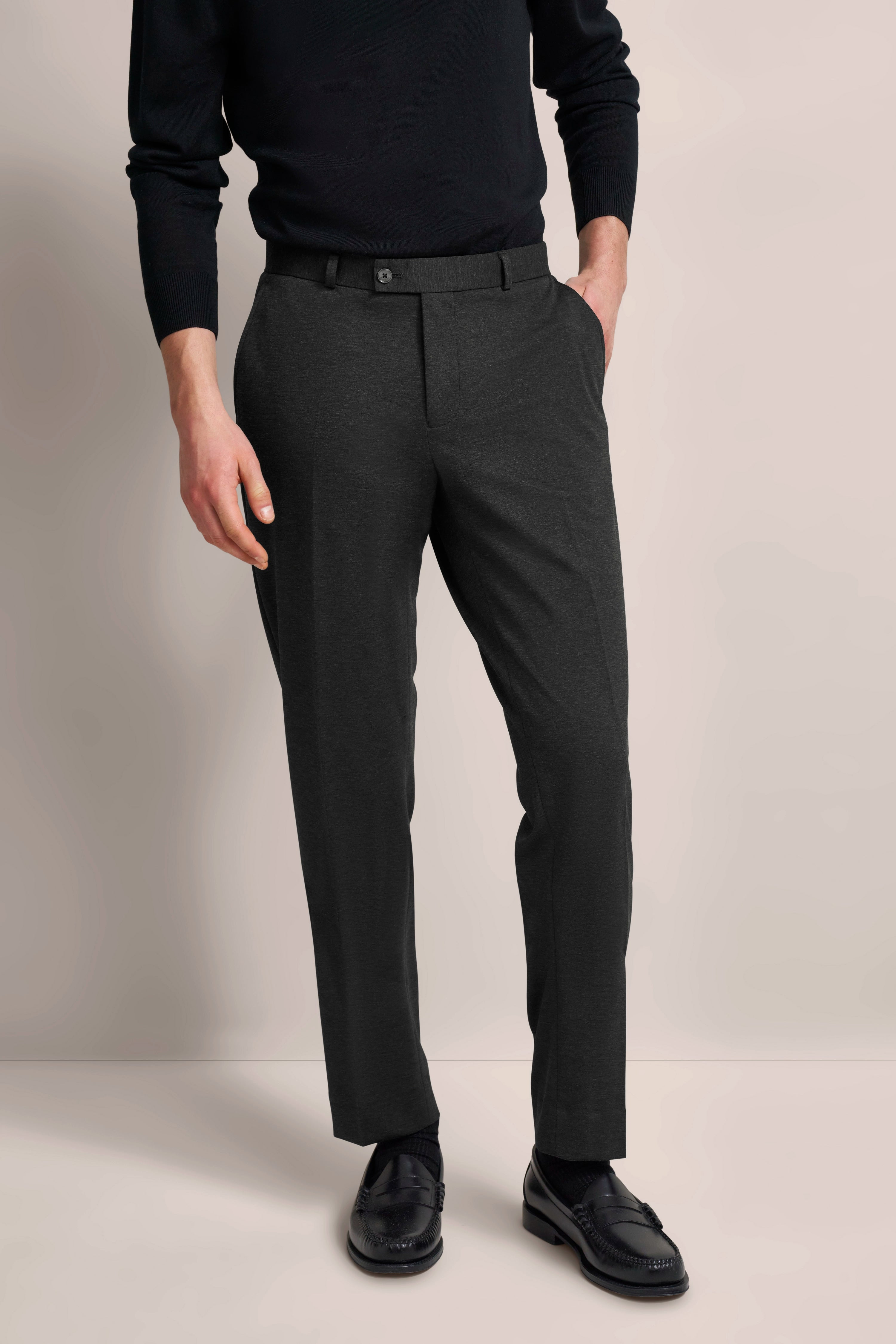 bugatti outfit: black sweater, grey trousers, black loafers