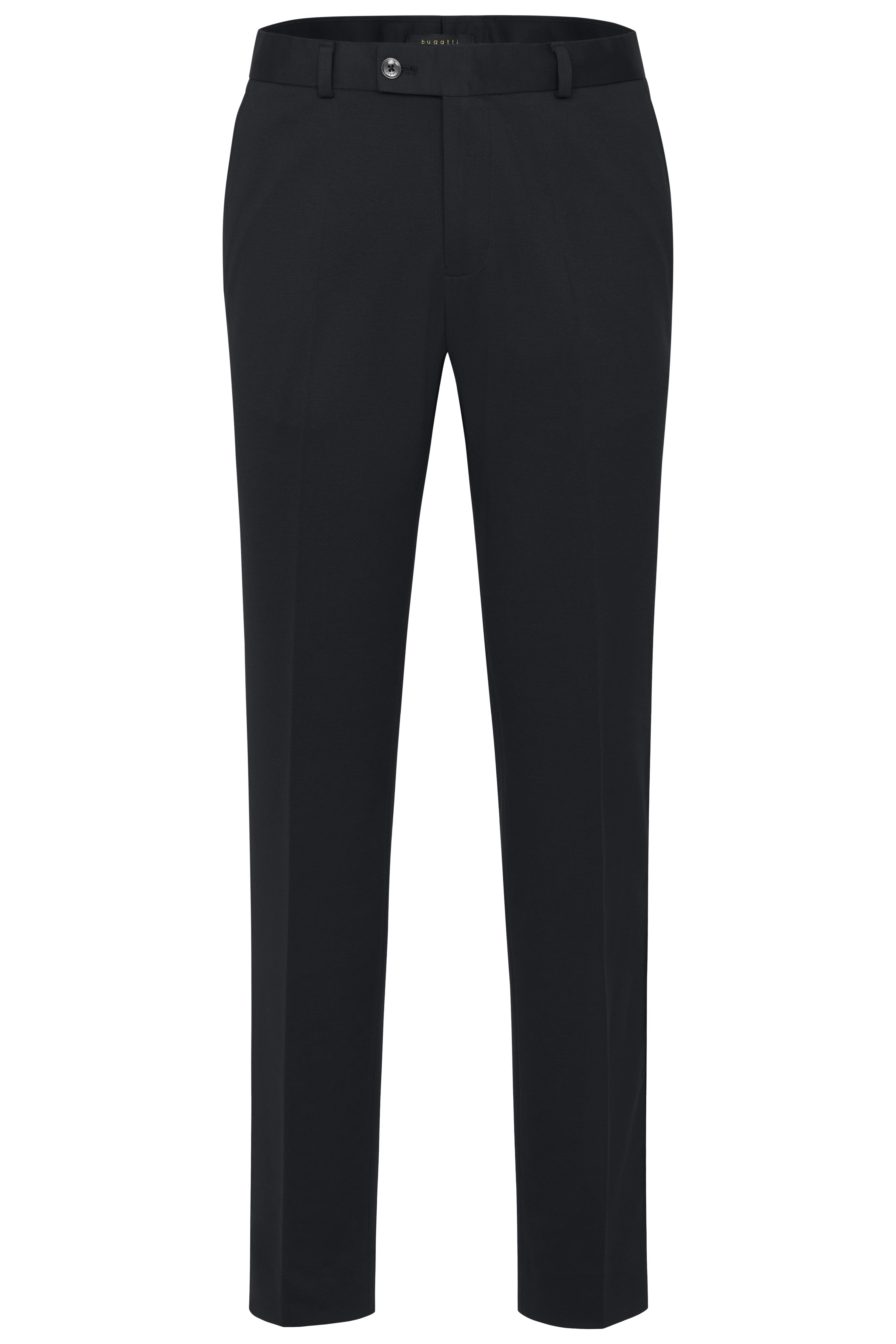 Black bugatti trousers, classic and elegant, bust view.