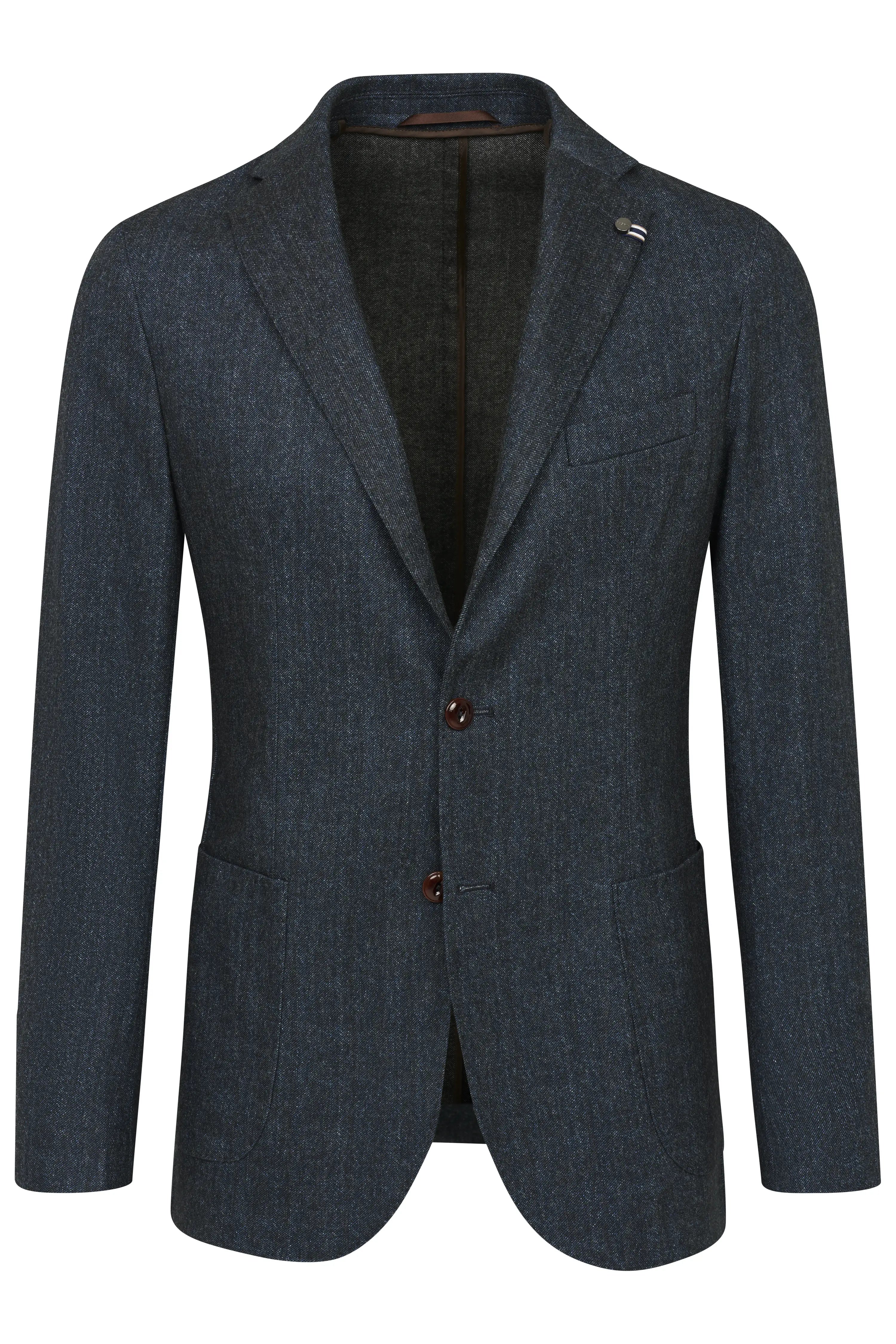 Donkerblauw bugatti colbert, gemêleerd, busteweergave, tijdloos elegant.