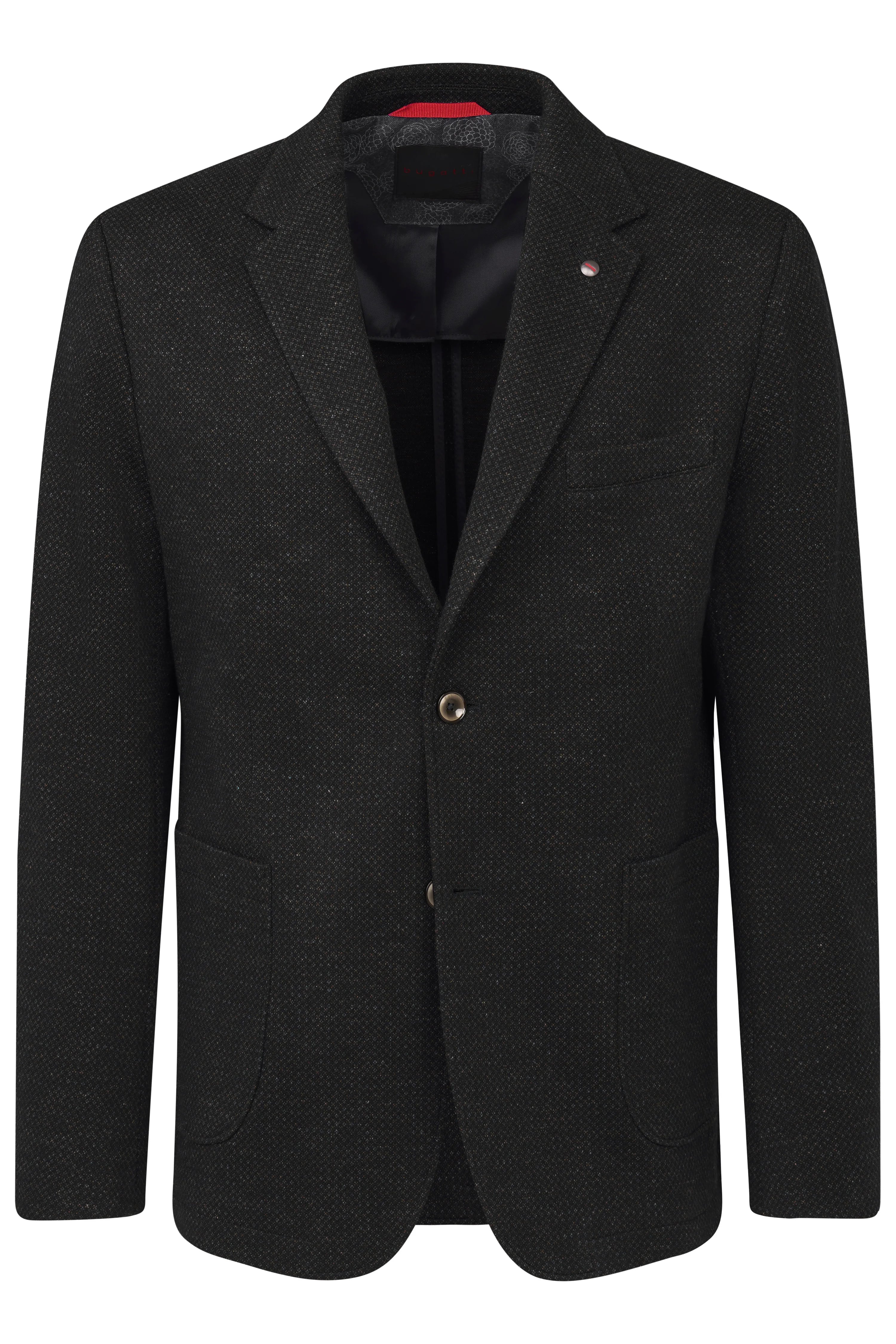 Black bugatti blazer with fine pattern, bust view, classic fit, timeless elegance.