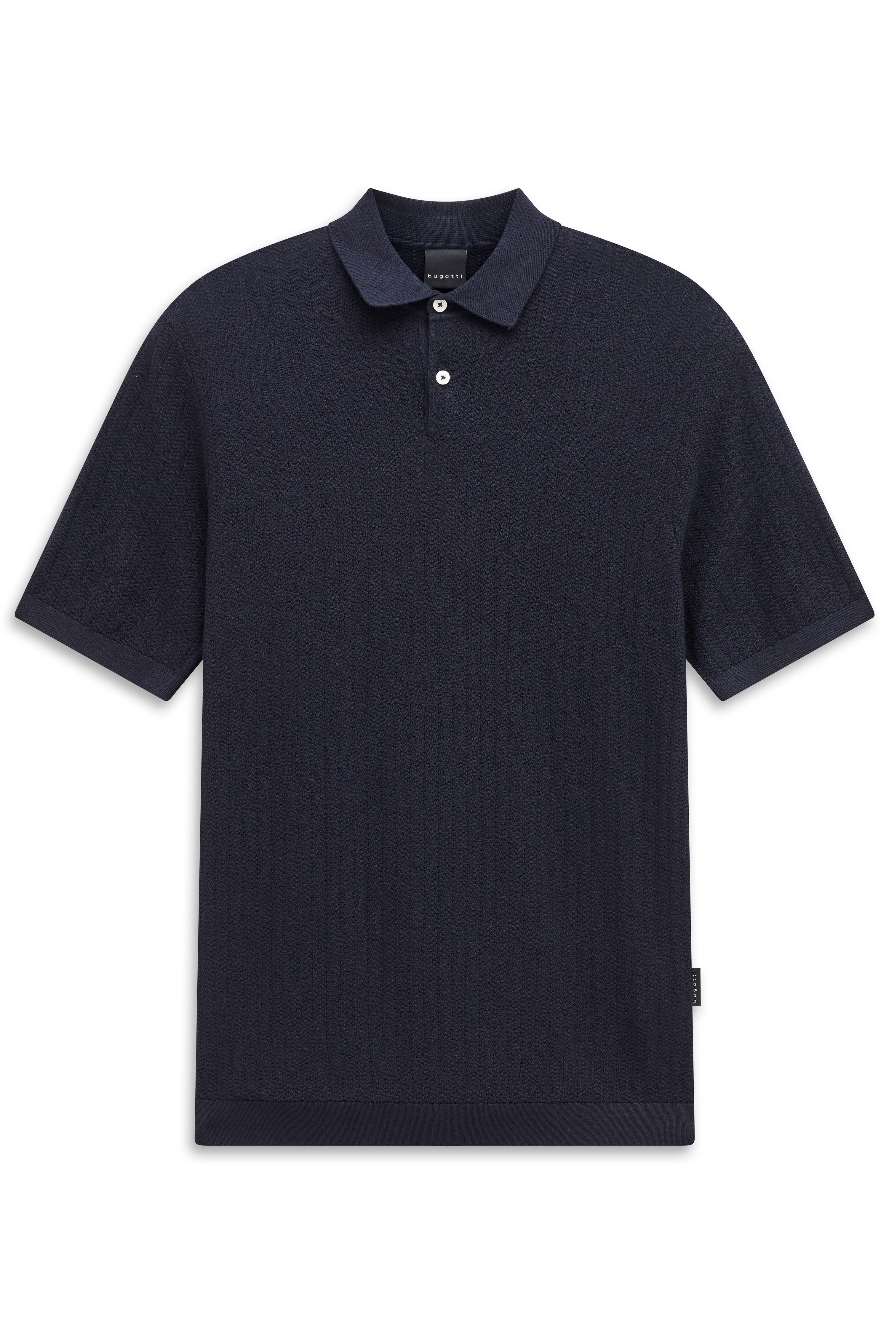 Dunkelblaues bugatti Polohemd, feines Muster, Büstenbild, klassisch, stilvoll.