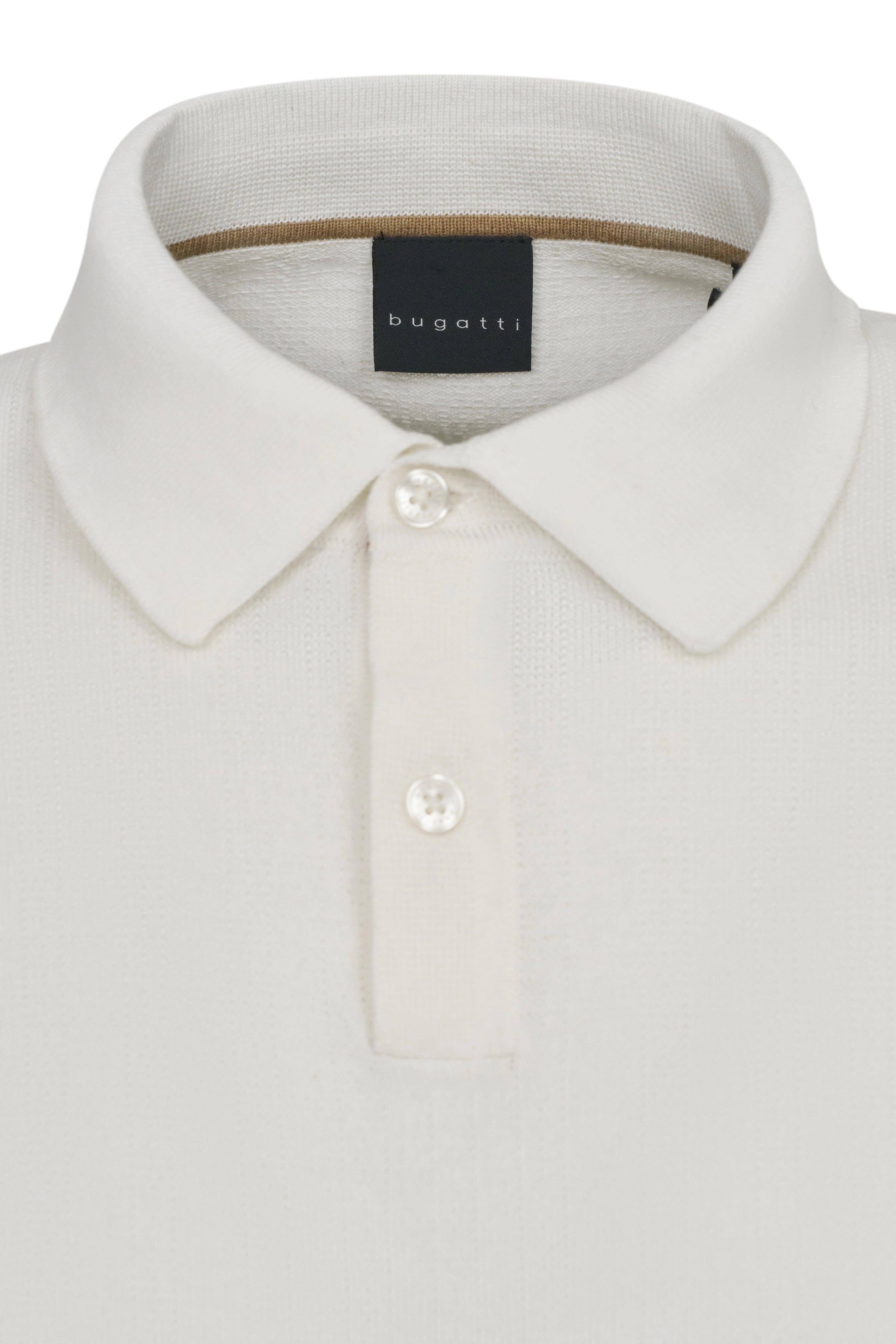 White bugatti polo shirt, close-up, classic style, high-quality craftsmanship.