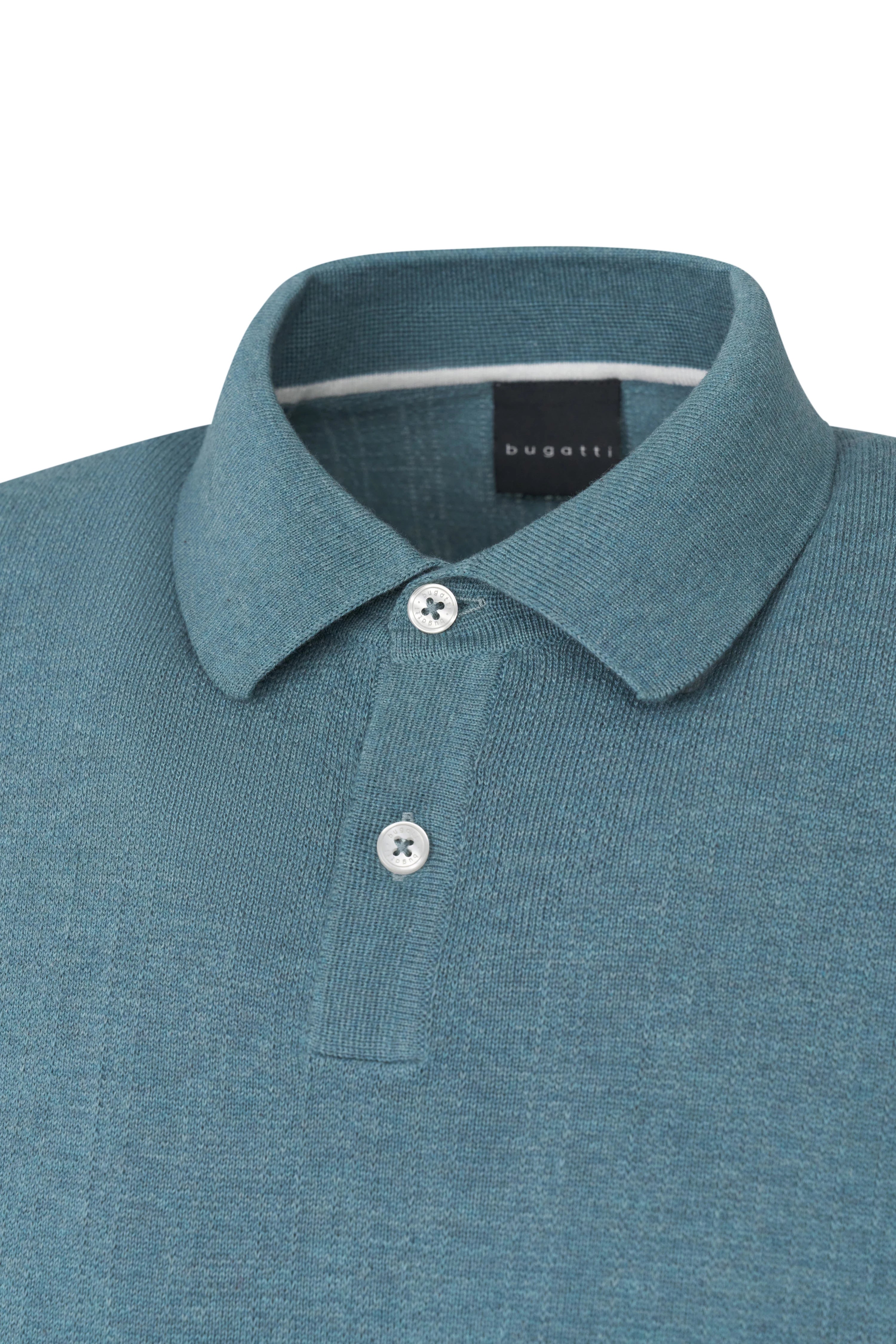 bugatti blue polo shirt, close-up, fine knit pattern, elegant style.