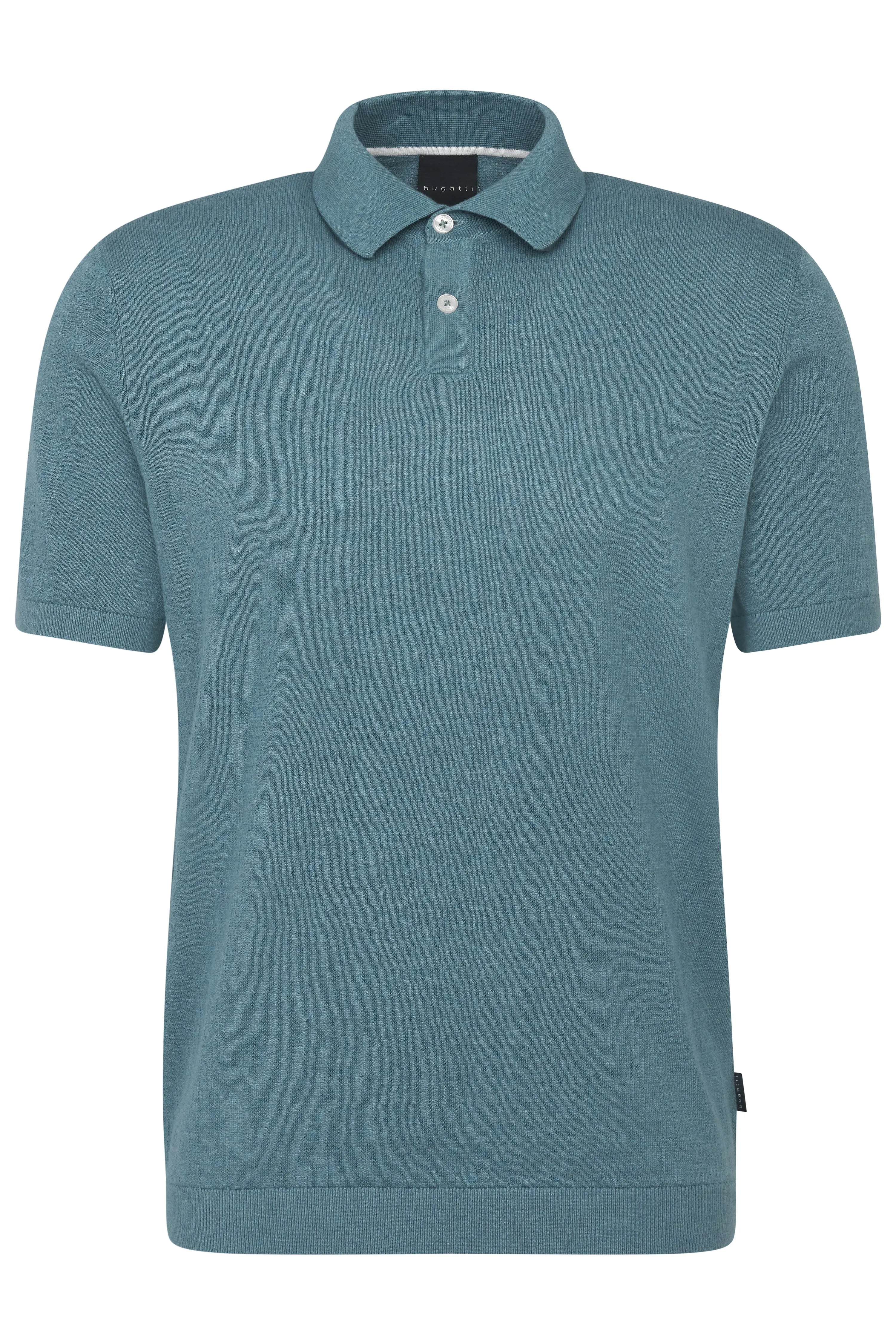 bugatti blue polo shirt, timeless style with classic buttons, bust view.
