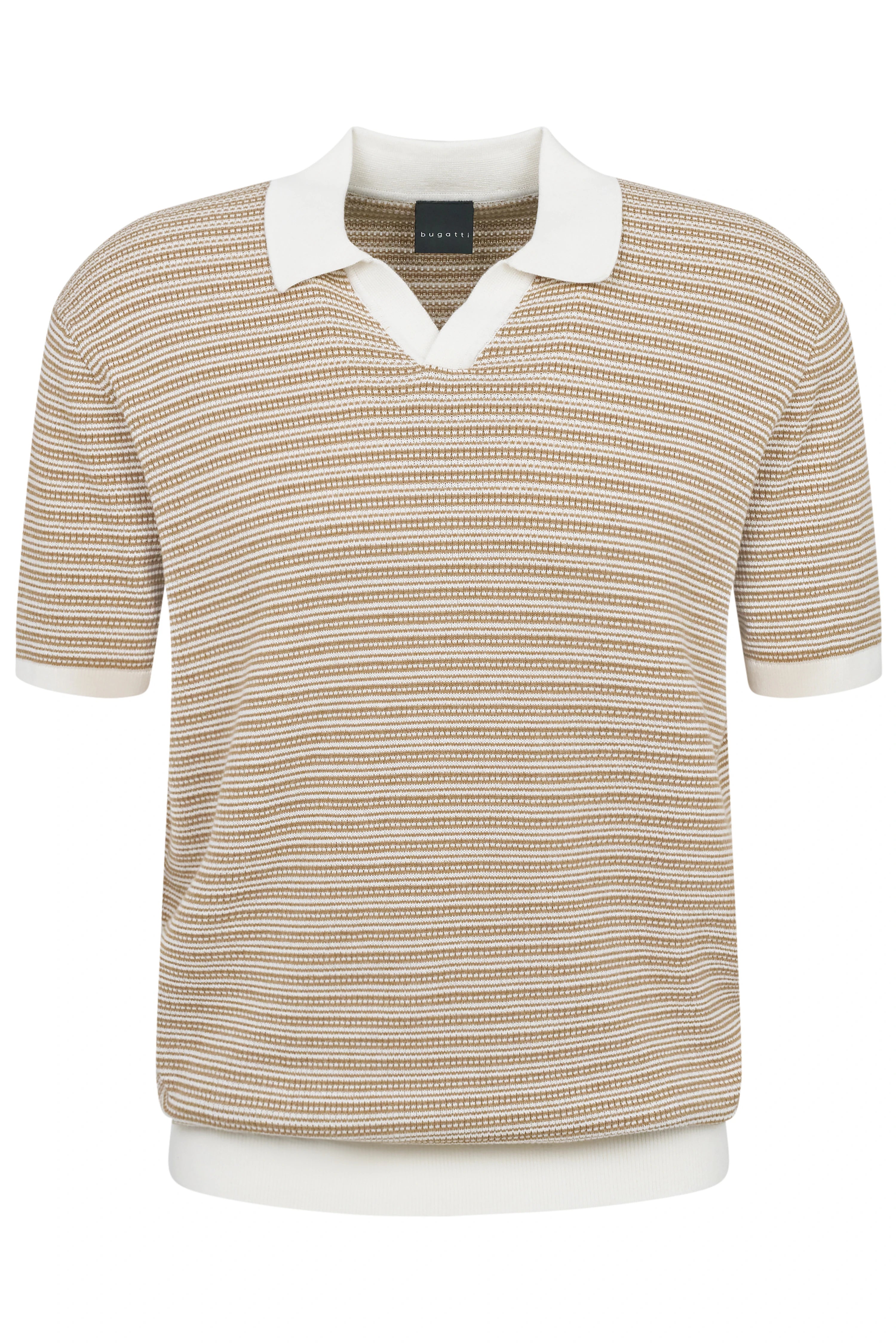 Beige bugatti knit polo with fine stripe pattern, classic collar, bust view.