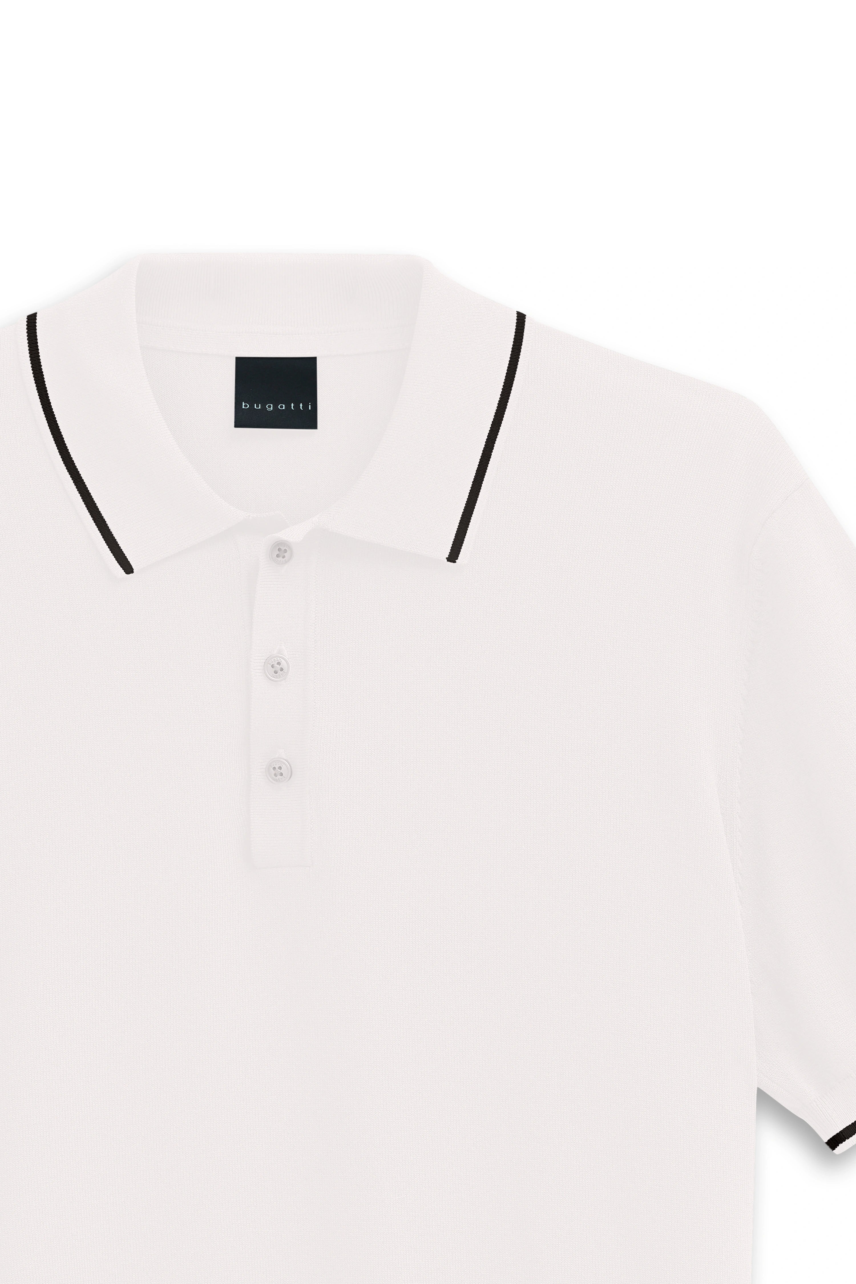 White bugatti polo shirt with black stripe, bust shot, classic style.