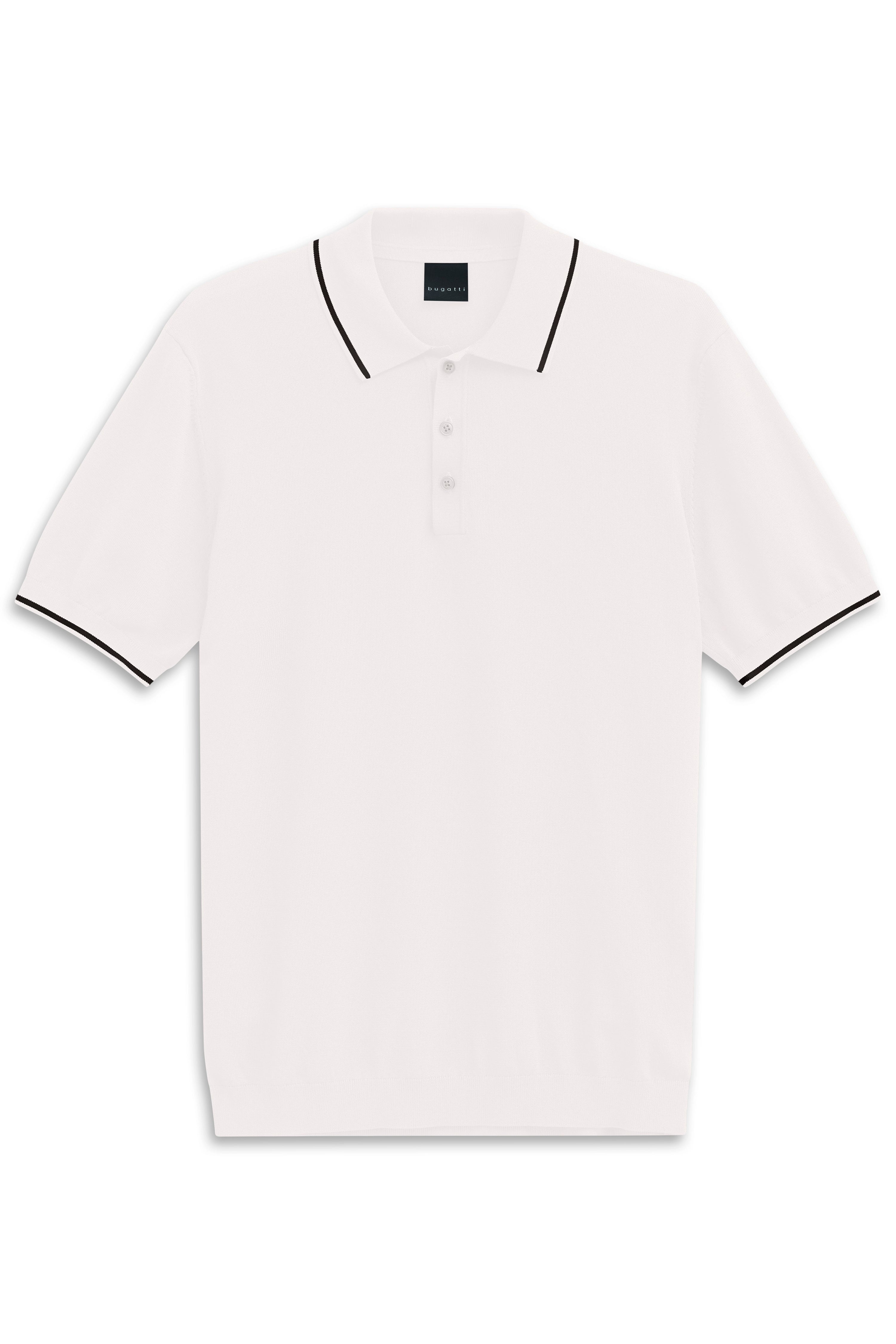 Weißes bugatti Polohemd mit schwarzem Rand, leger präsentiert.