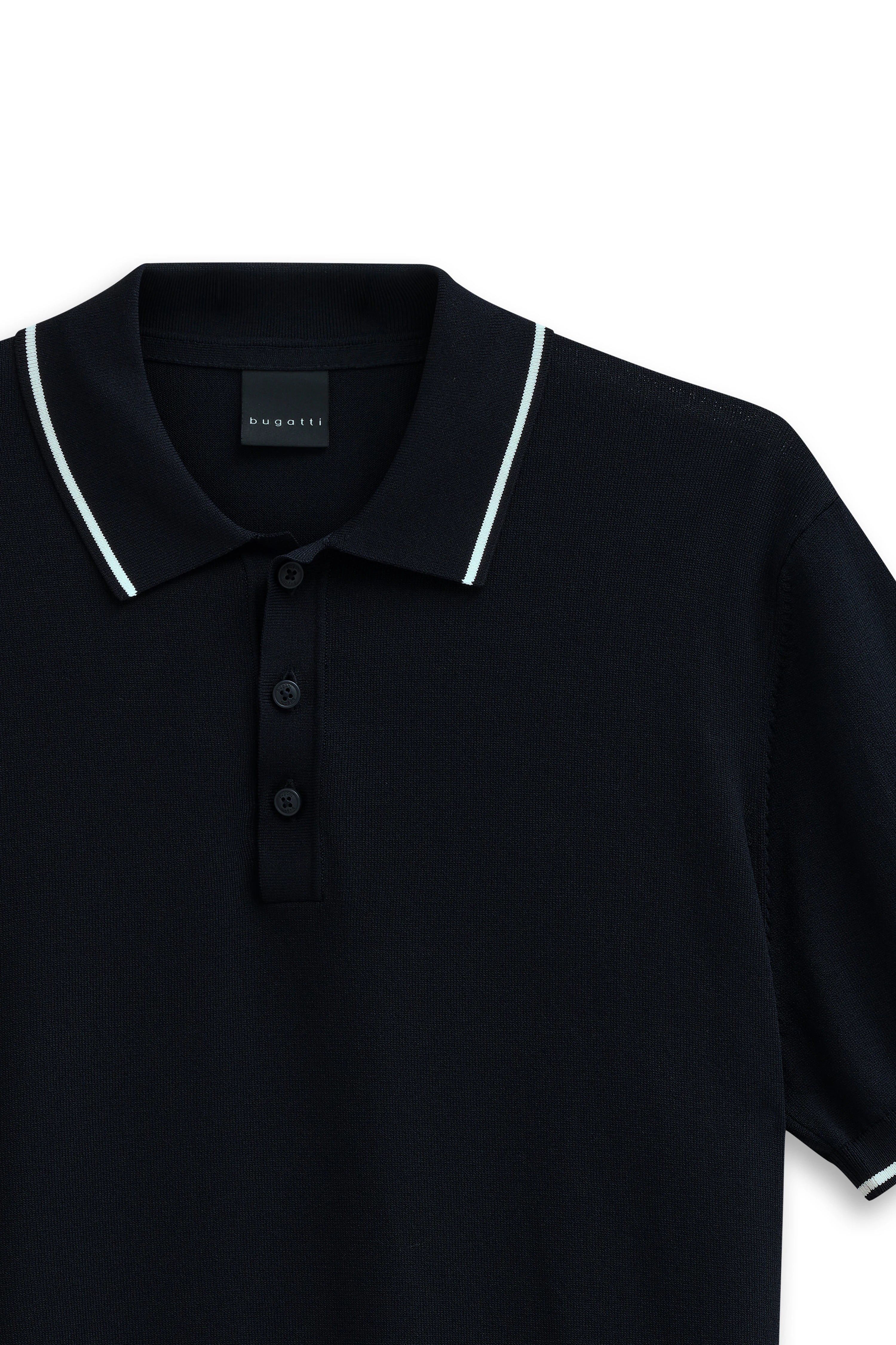 Schwarzes bugatti Polohemd mit weißen Streifen, Büstenbild, stilvoll und zeitlos.