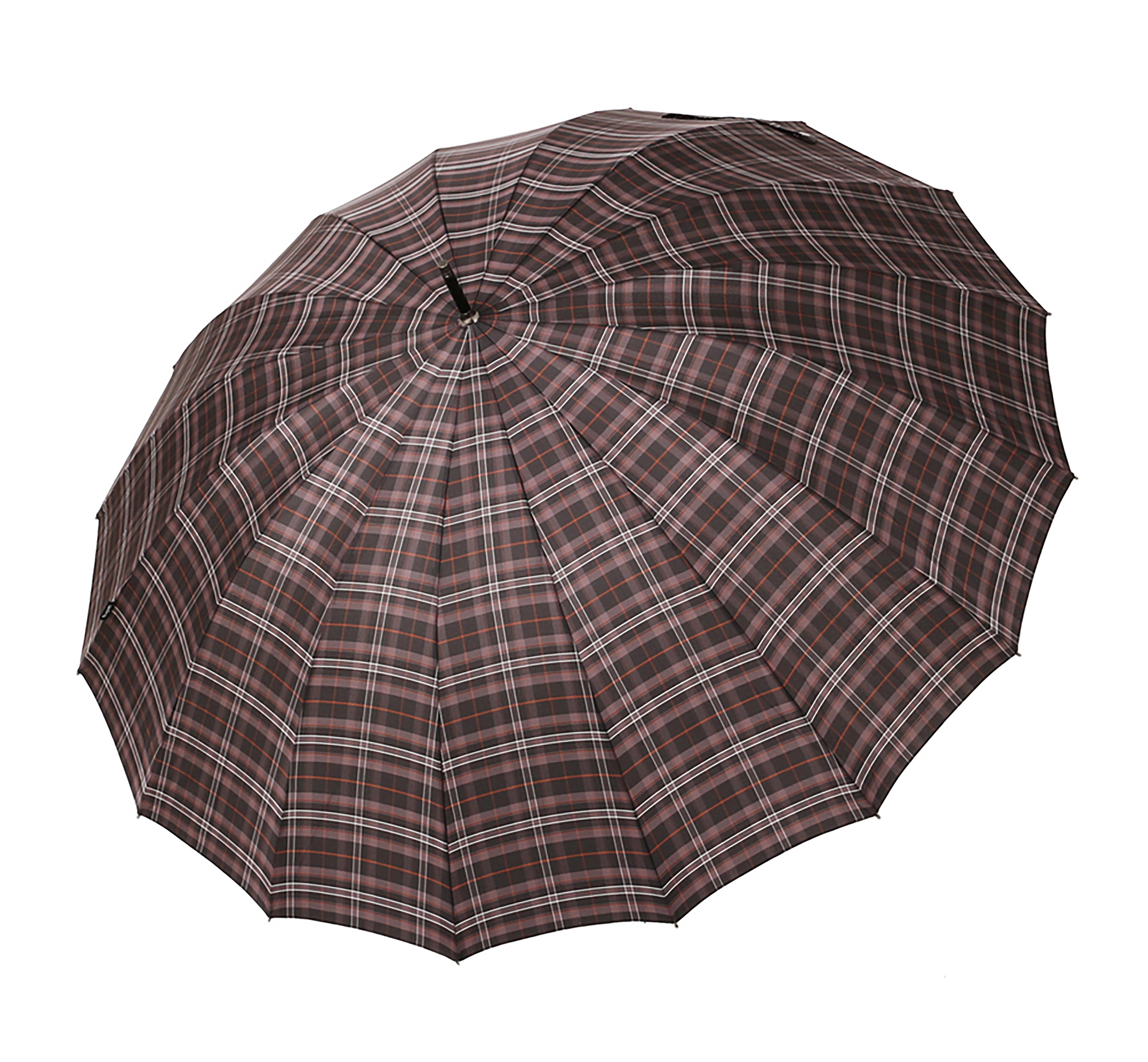 Regenschirm in Braun-Rot Karo-Muster, geöffnet.