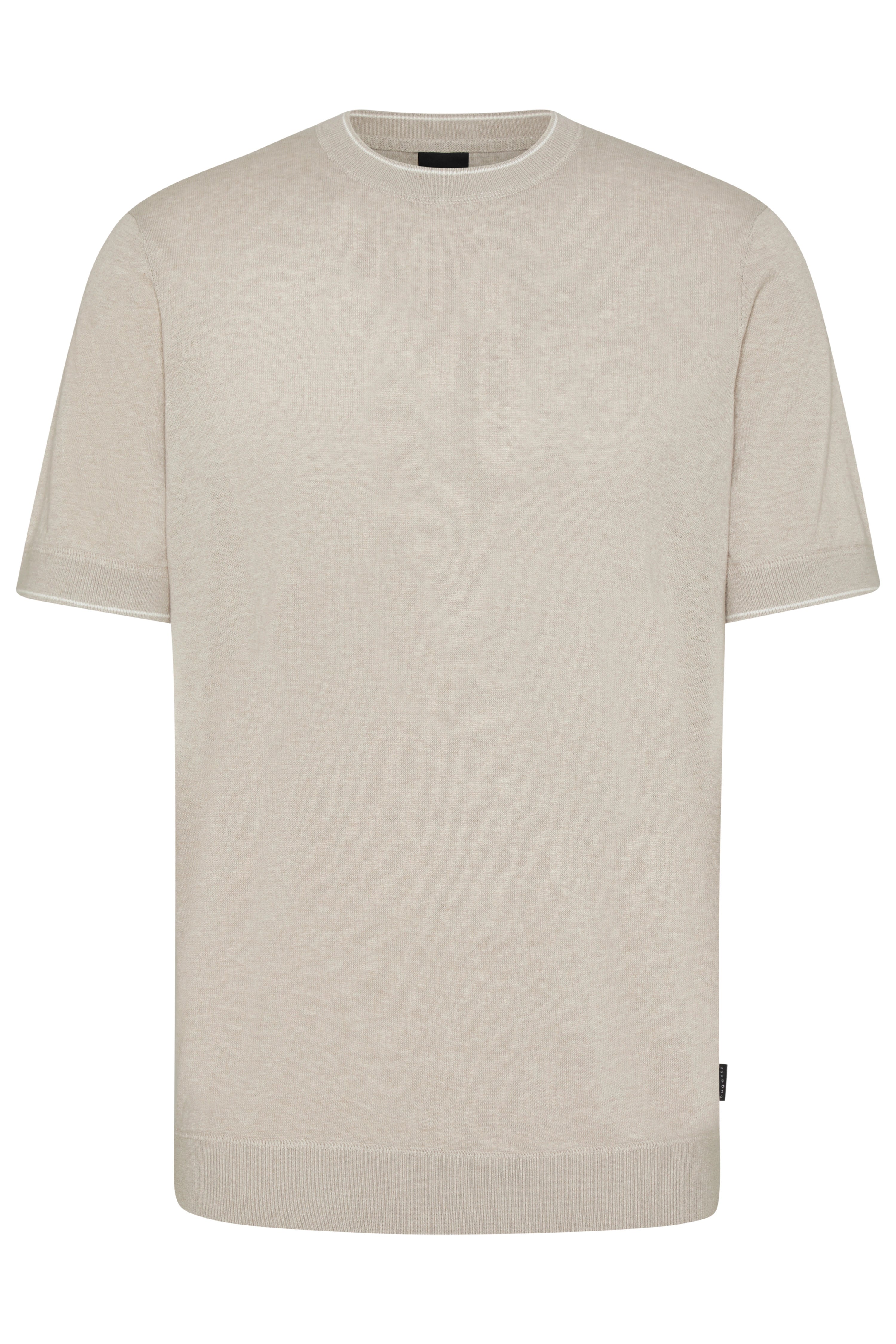 Beige bugatti T-shirt, short-sleeved, simple design, bust view.