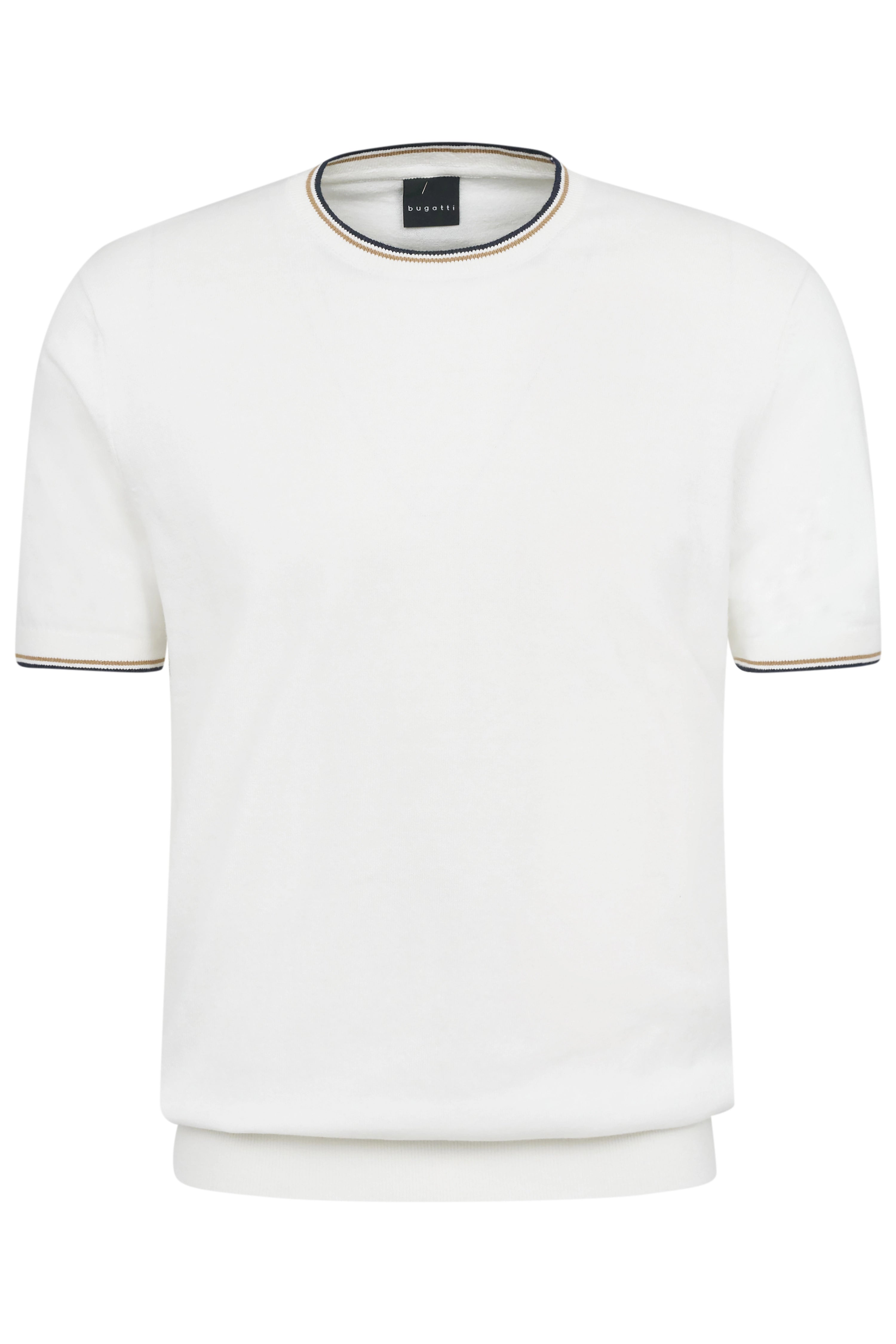 White bugatti T-shirt with contrast stripes on collar and sleeves, bust view.