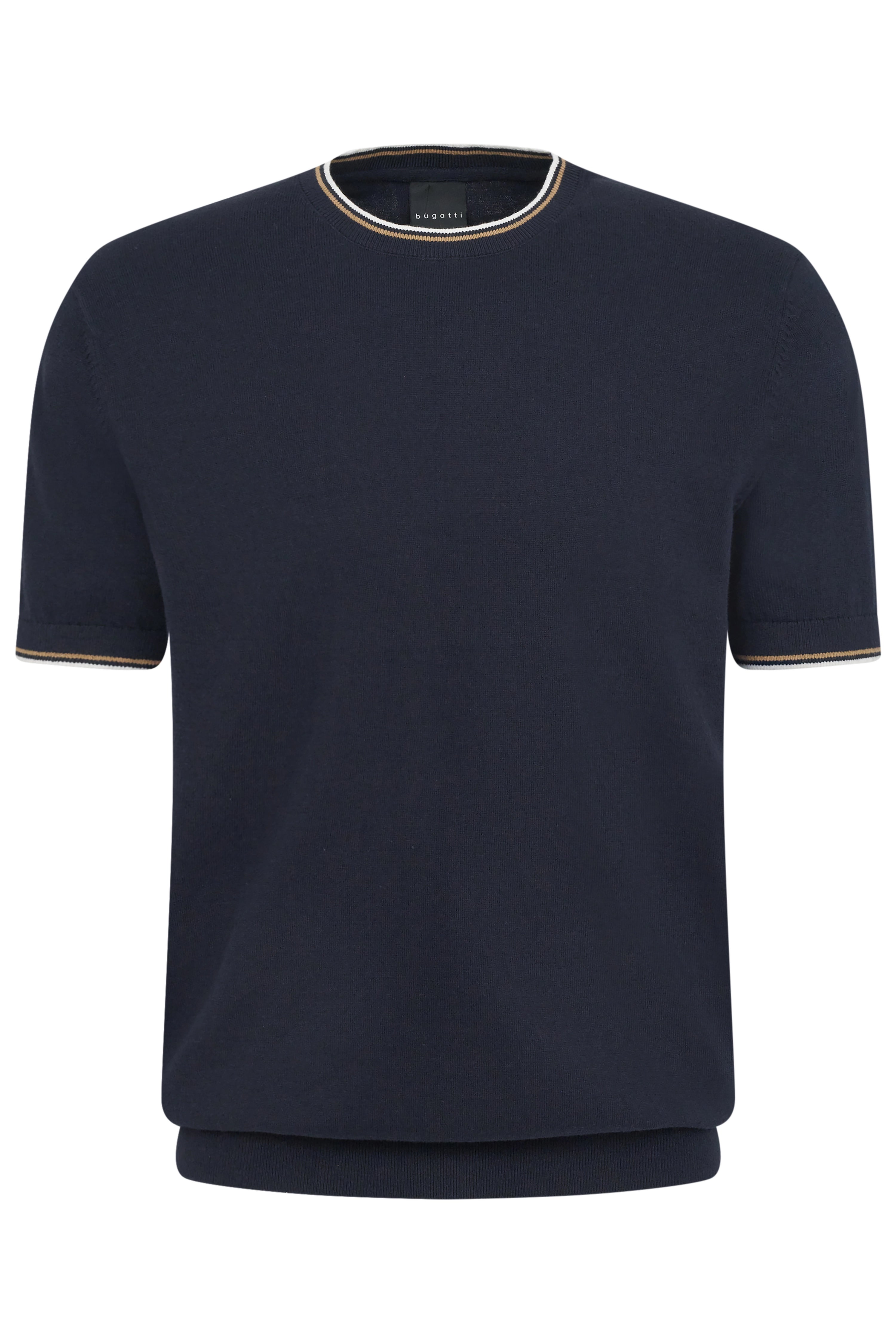 Navy bugatti sweater, bust image, stylish crew neck with subtle stripe pattern.
