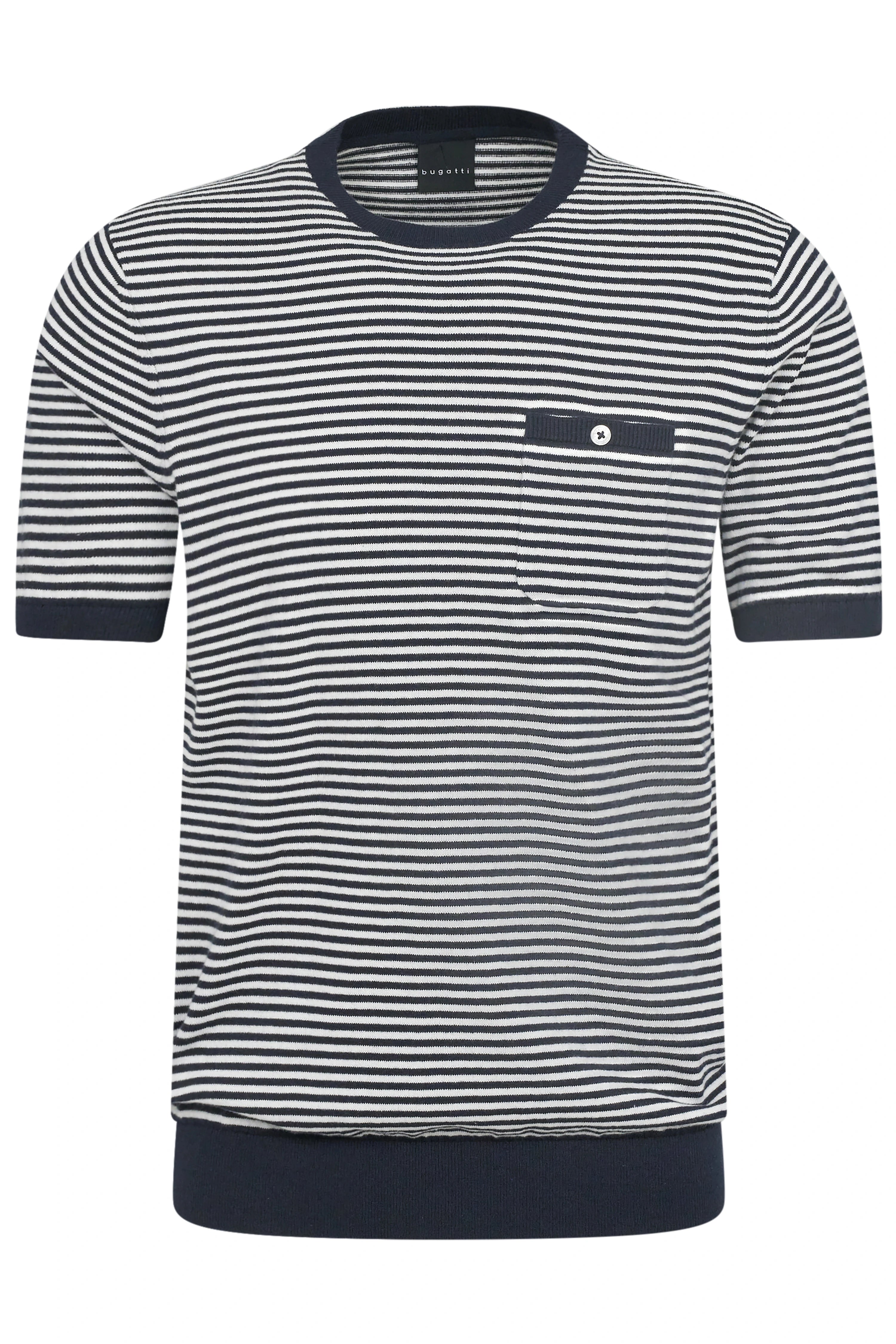 bugatti striped blue-white T-shirt, chest pocket, casual bust shot.